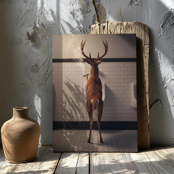 Smoking Deer Bathroom Canvas – Rustic Cabin Wall Art for Men