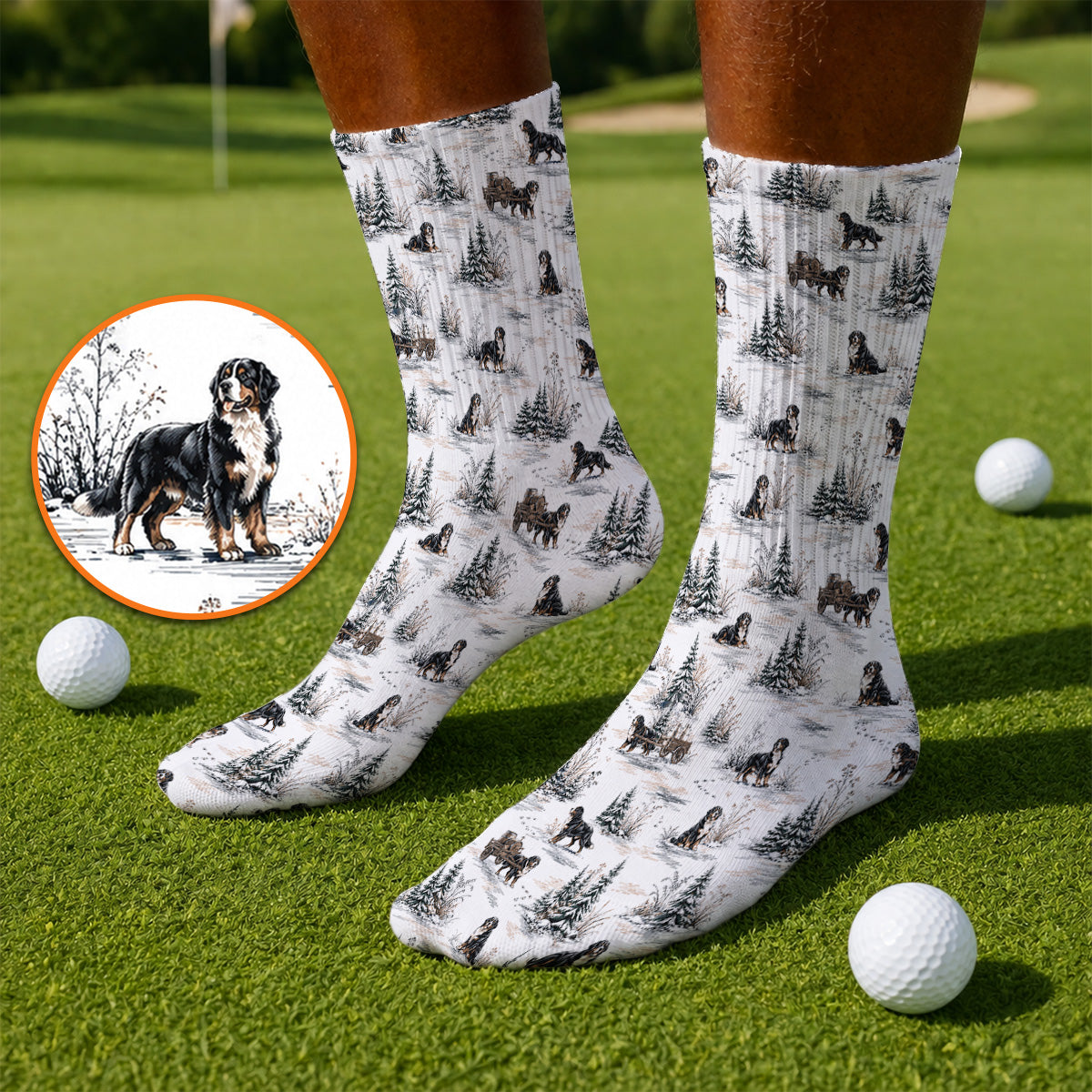 Bernese Mountain Pattern Golf Socks, Snowy Bernese Dog Golf Sock, Dog Lover Golf Gift