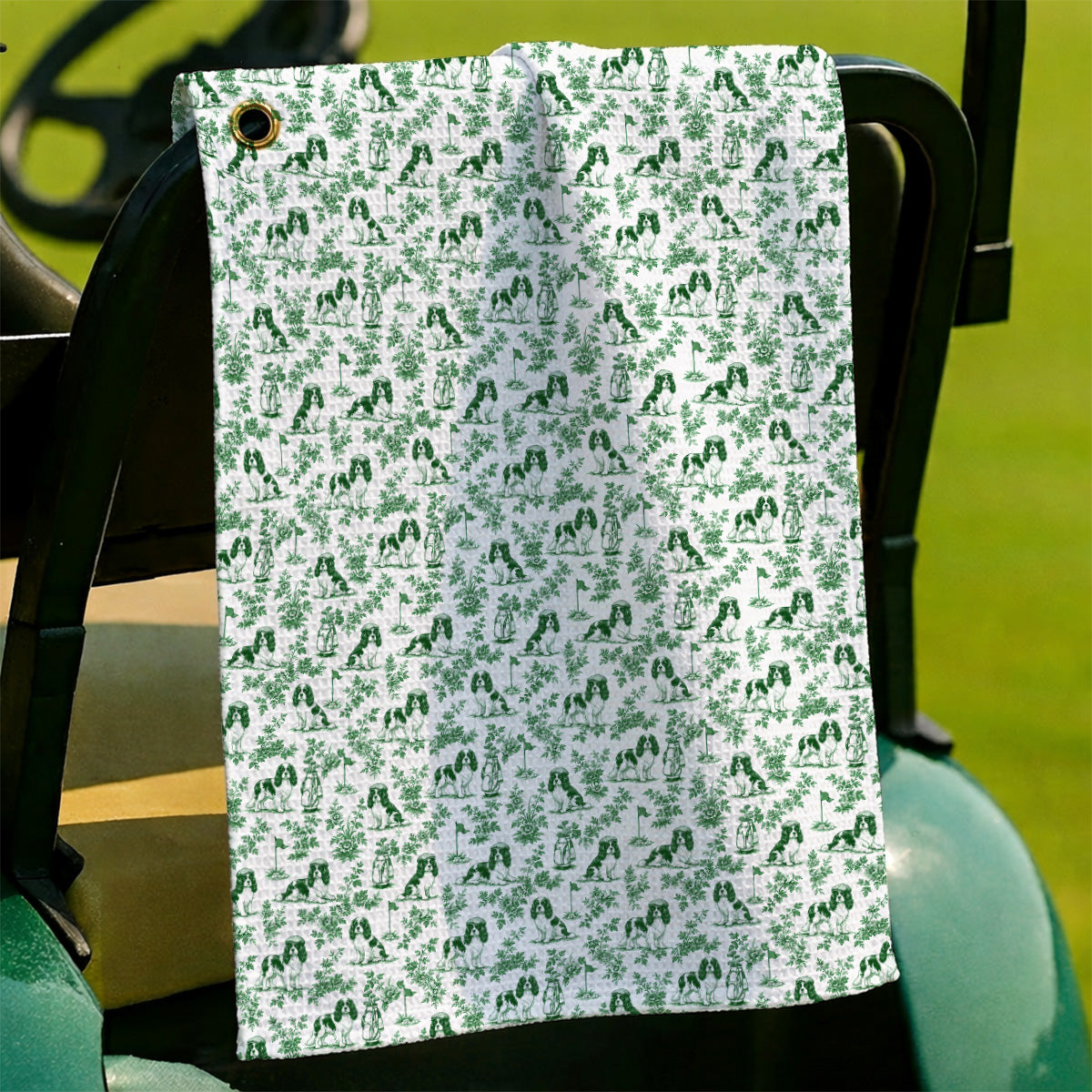 Funny Cavalier King Charles Spaniel Golf Towel, Toile de Jouy Cavalier Pattern Golf Towels, Golf Gift For Golfer