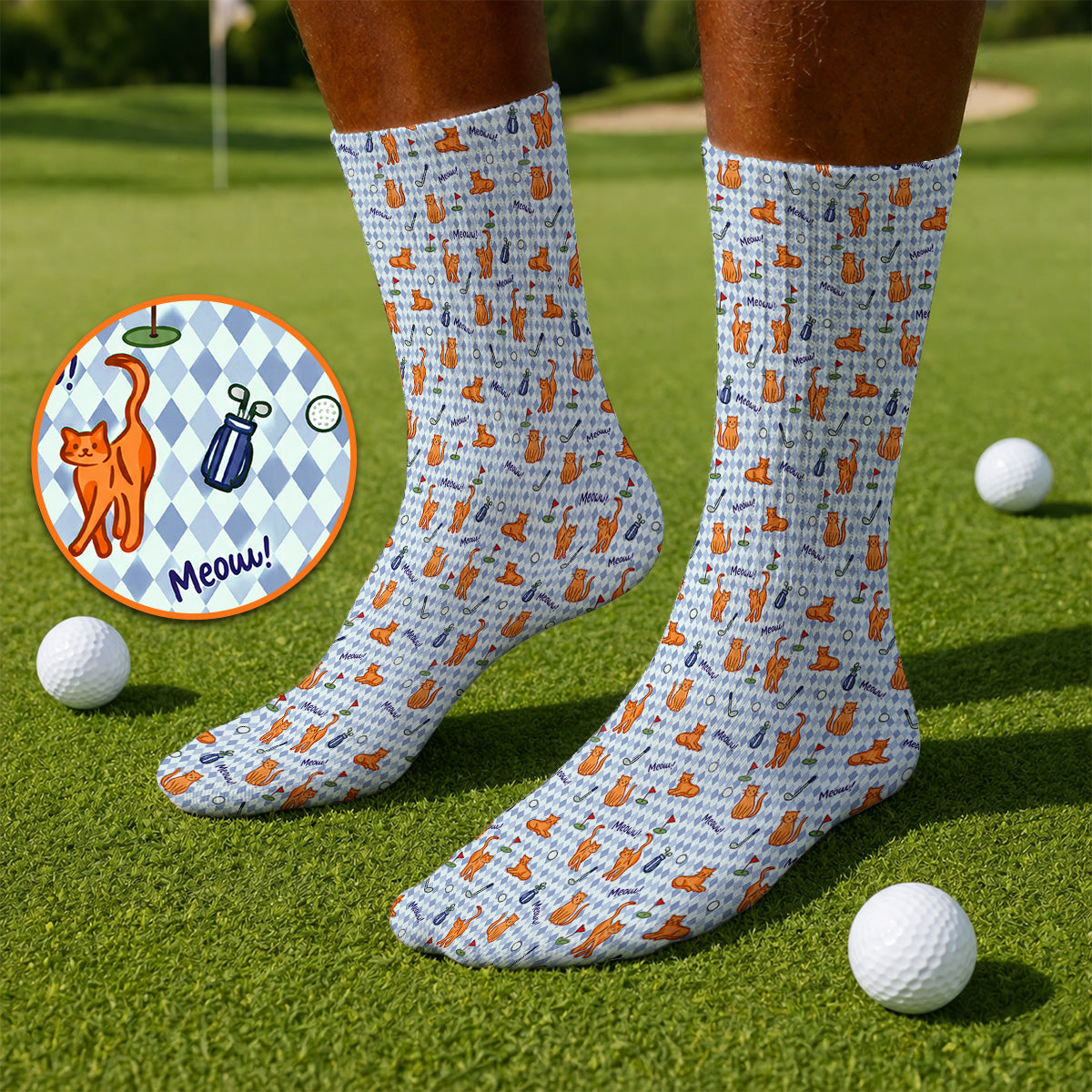 Cute Orange Cat Golf Socks, Meow Cat And Golf Pattern Sock, Funny Cat Golf Gift For Golfer