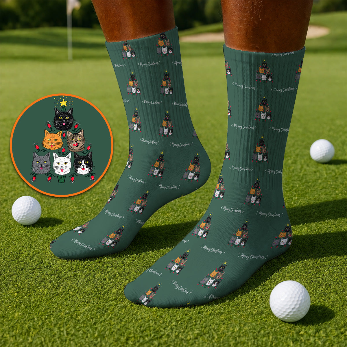 Meowy Christmas Cat Golf Socks, Festive Cat Christmas Pattern Golf Sock, Xmas Golf Gift For Cat Lovers