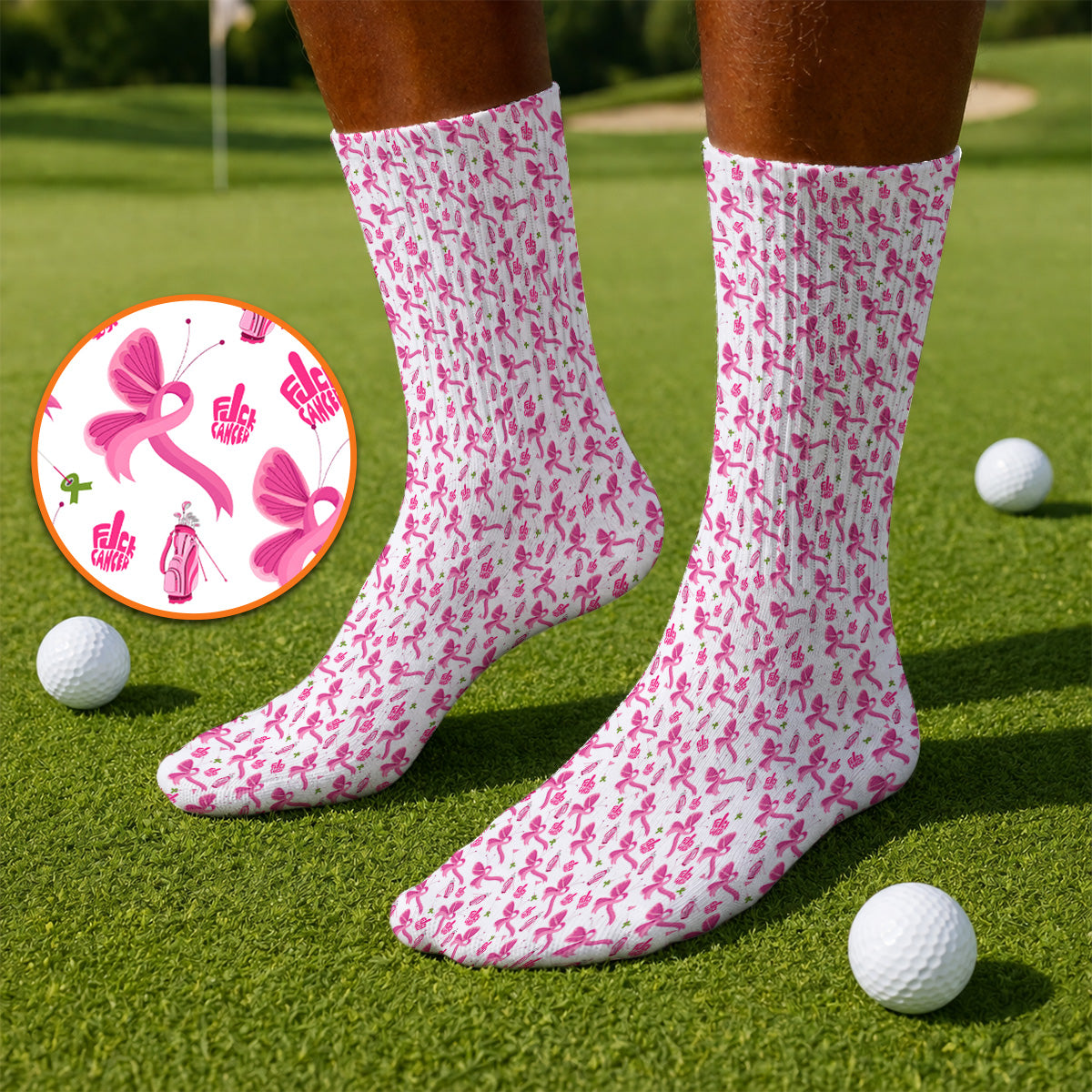 Fight With Every Swing Breast Cancer Awareness Golf Socks, Pink Ribbon & Golf Pattern Sock, Support Gift for Golfers
