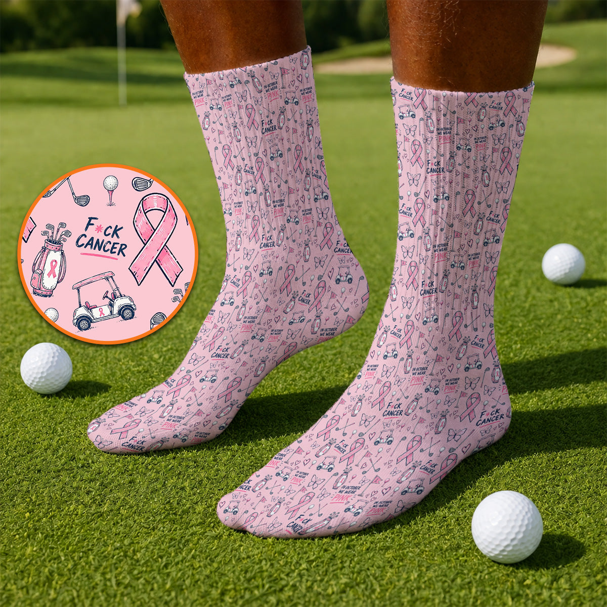 Fight Cancer Golf Socks, Pink Ribbon Golf Cart Pattern Sock, Breast Cancer Awareness Gift for Golfers