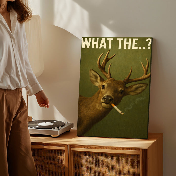 Smoking Deer Canvas – “What The…?” Funny Man Cave Wall Art