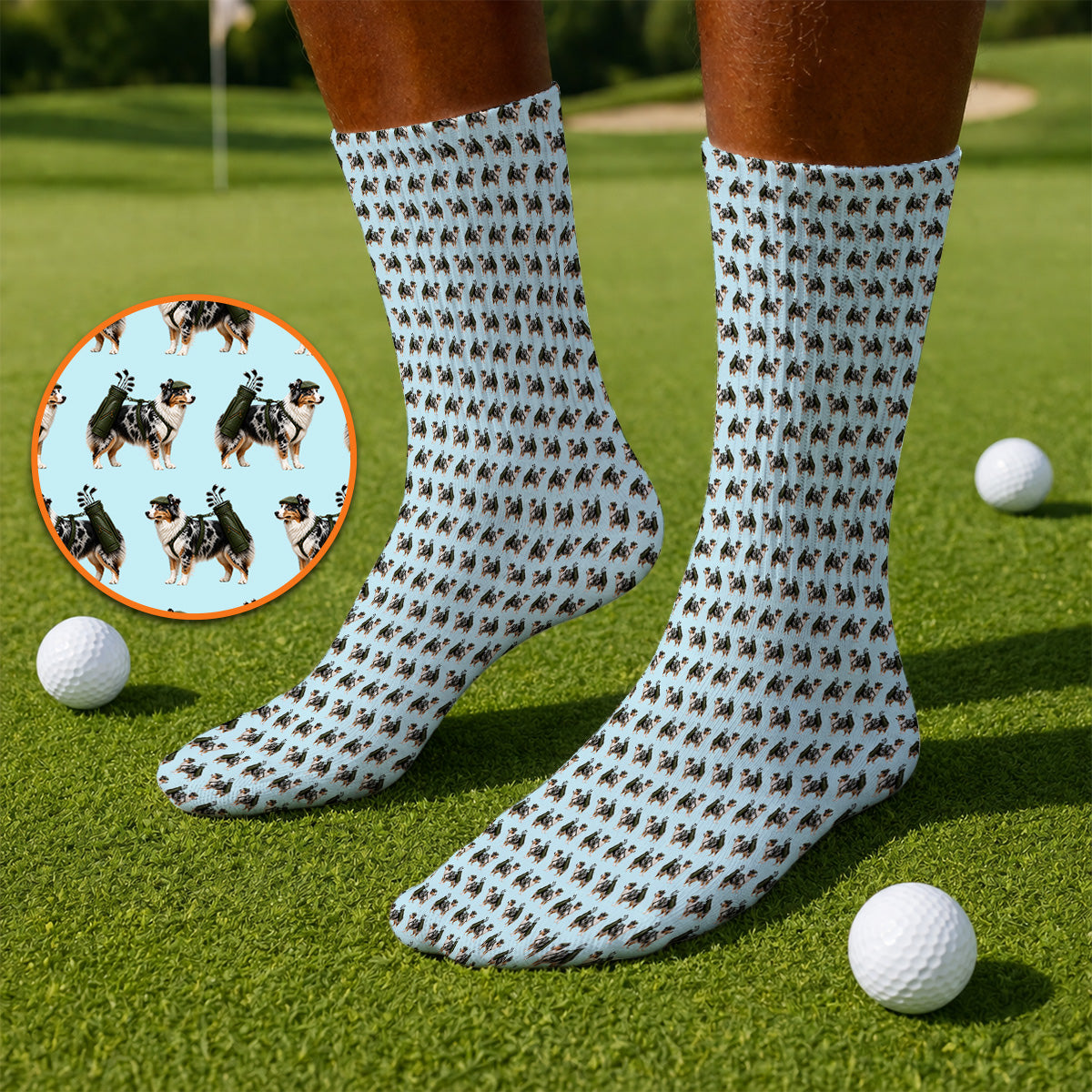 Funny Australian Shepherd Golf Socks, Blue Merle Aussie Pattern Golf Sock, Golf Gift For Golfer
