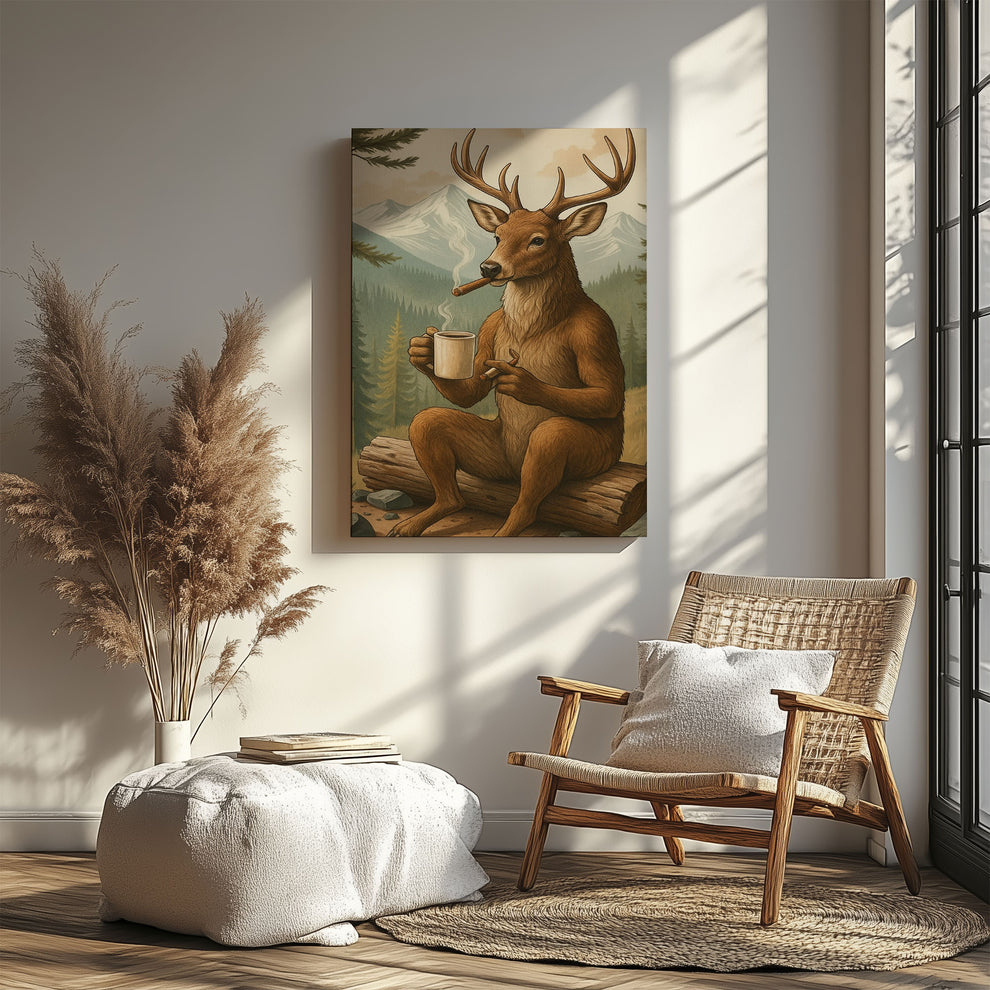 Rustic Deer Canvas – Coffee, Cigar & Cabin Wall Art for Man Caves