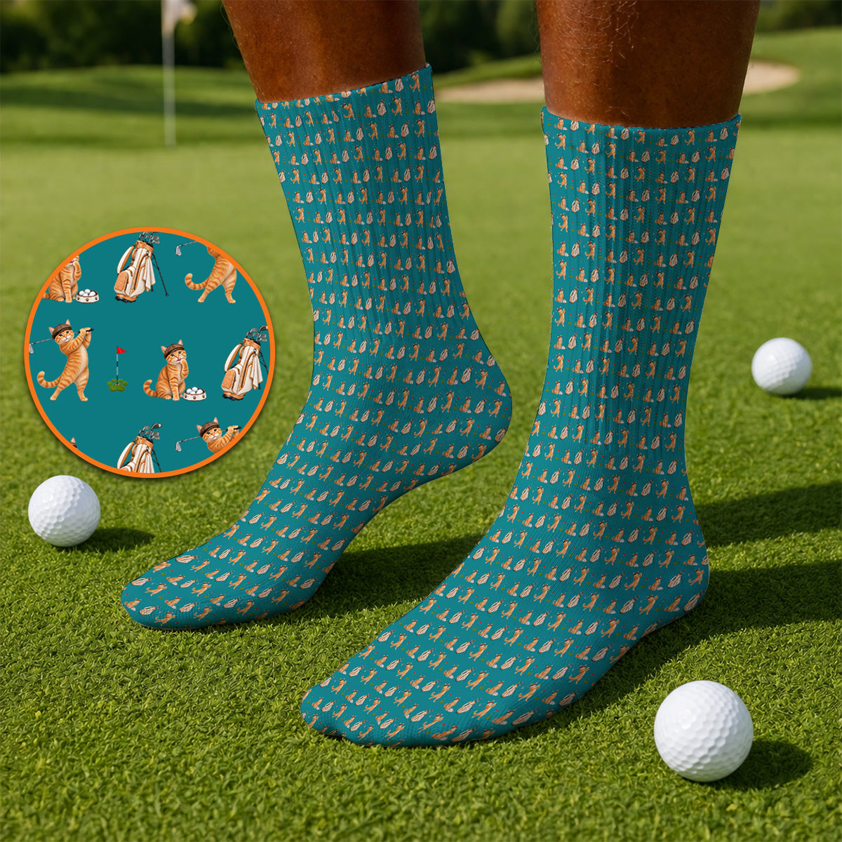 Crazy Orange Cat Golf Socks, Ginger Cat Playing Golf Pattern Golf Sock, Unique Golf Gift for Cat Lovers