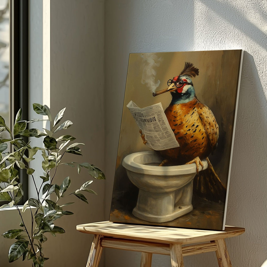 Funny Pheasant Bathroom Canvas, Rustic Cabin Wall Art For Man Cave, Gift For Hunter