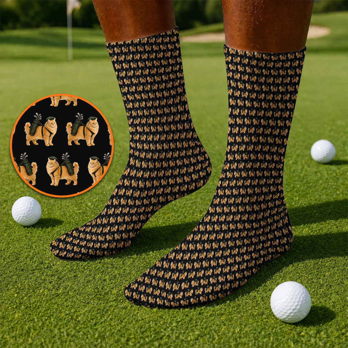 Ginger Long Hair Cat Golf Socks, Cute Orange Cat Pattern Golf Sock for Cat Lovers, Golf Gift for Long Haired Cat Owners