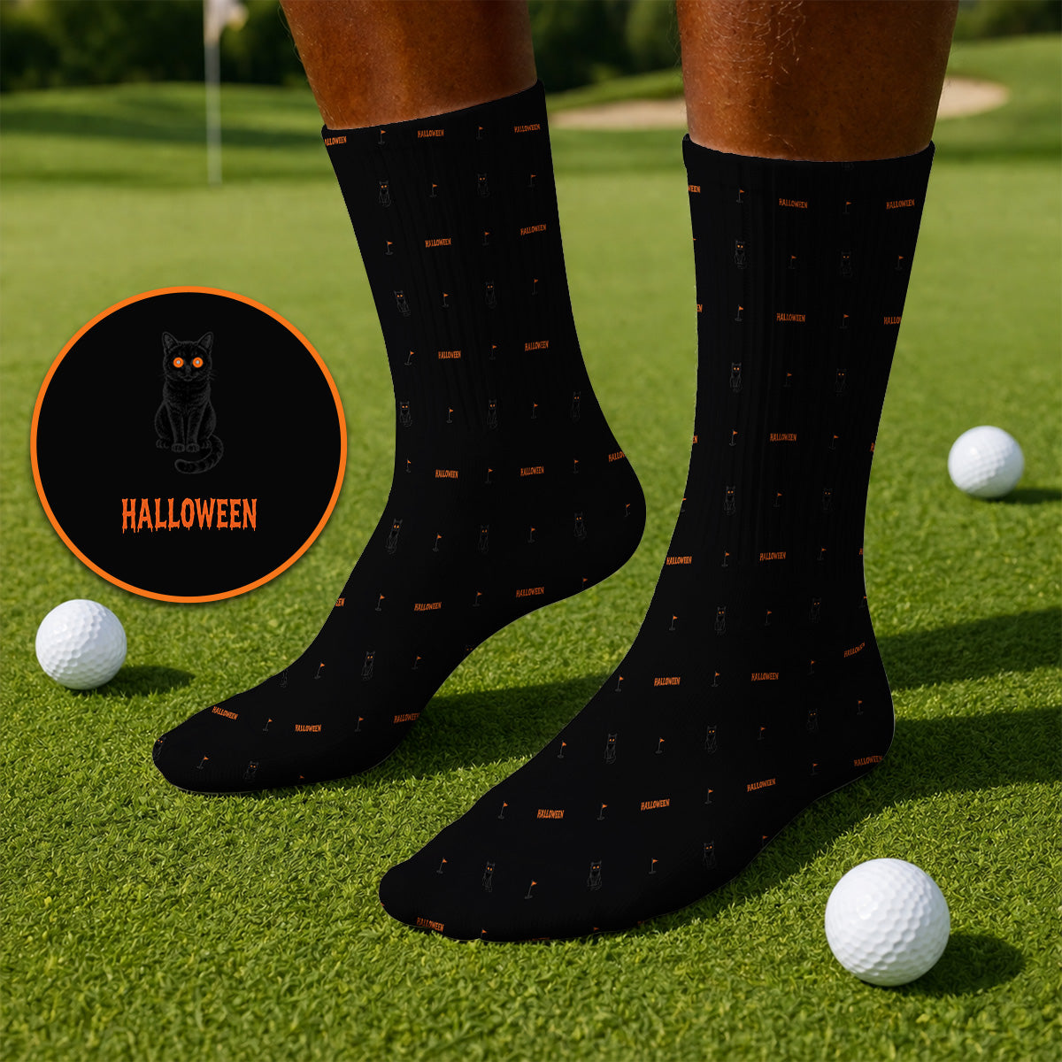 Black Cat Halloween Golf Socks, Spooky Cat Pattern Golf Sock for Halloween Lovers, Funny Golf Gift for Golfers