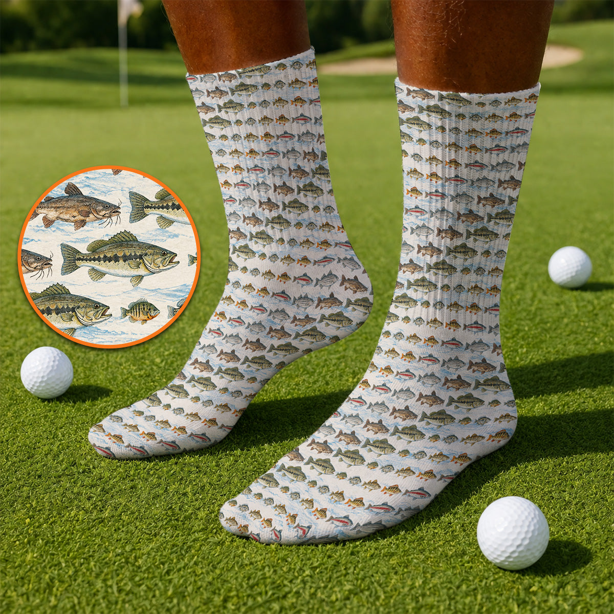 Freshwater Fishing Pattern Golf Socks, Bass Trout Catfish & Perch Golf Sock, Fishing Gift For Golfer