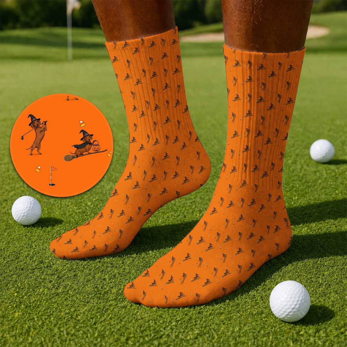 Funny Witch Dachshund Golf Sock, Halloween Wiener Dog Pattern Golf Socks, Golf Gift for Golfer