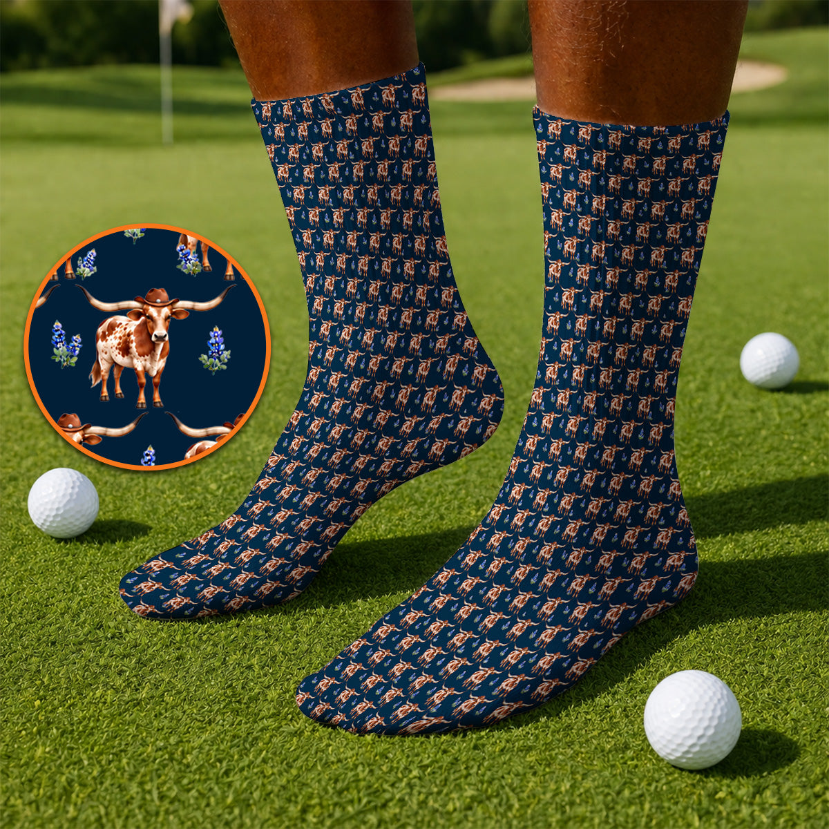 Crazy Texas Golf Socks, Western Cowboy Longhorn Patatern Golf Sock, Texas Bluebonnet Golf Gift For Golfers