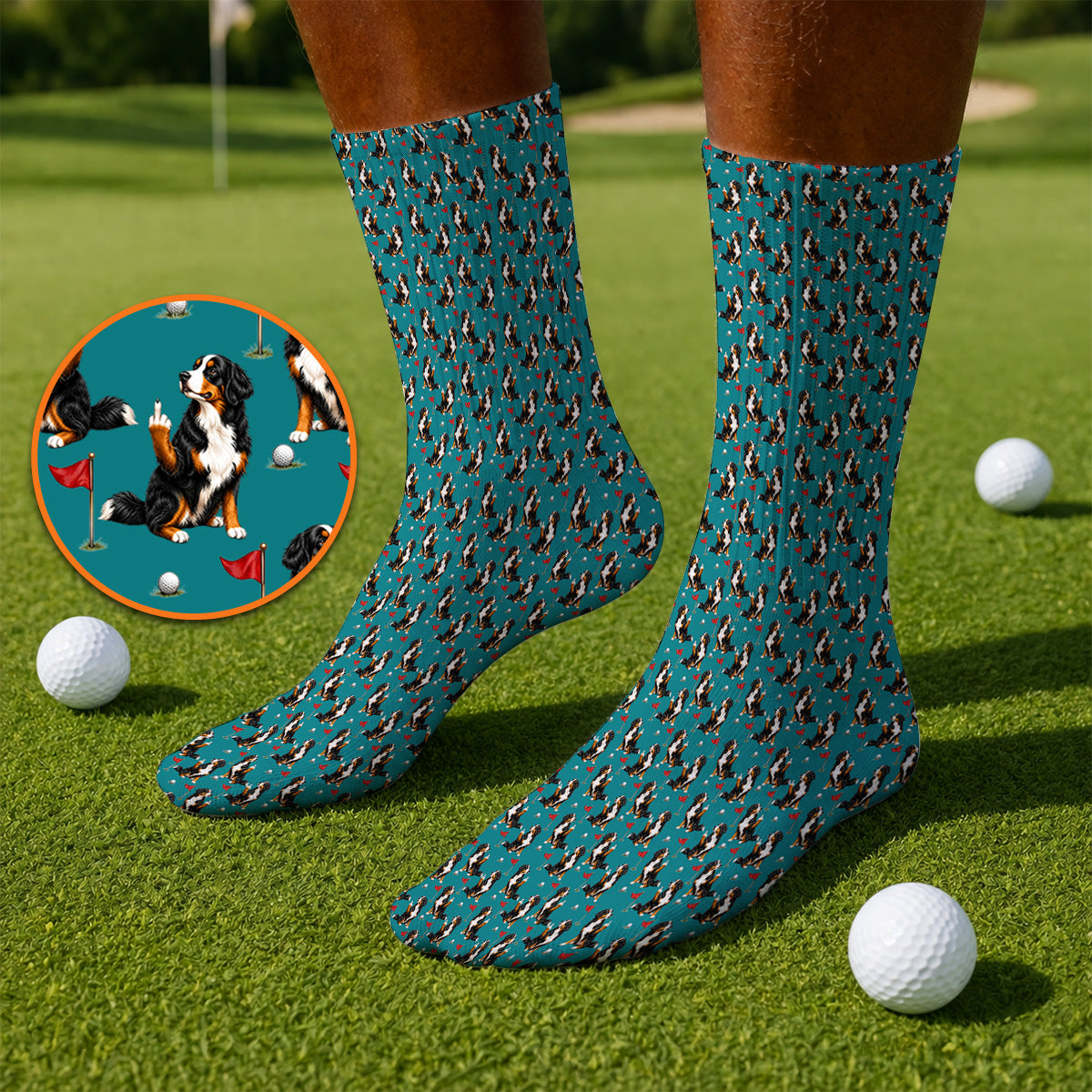 Bernese Mountain Dog Golf Pattern Socks, Bernese Golf Sock, Funny Dog Lover Golf Gift