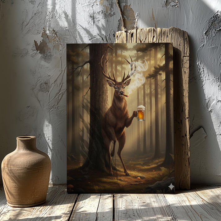Beer & Cigar Deer Canvas – Funny Man Cave Cabin Wall Art