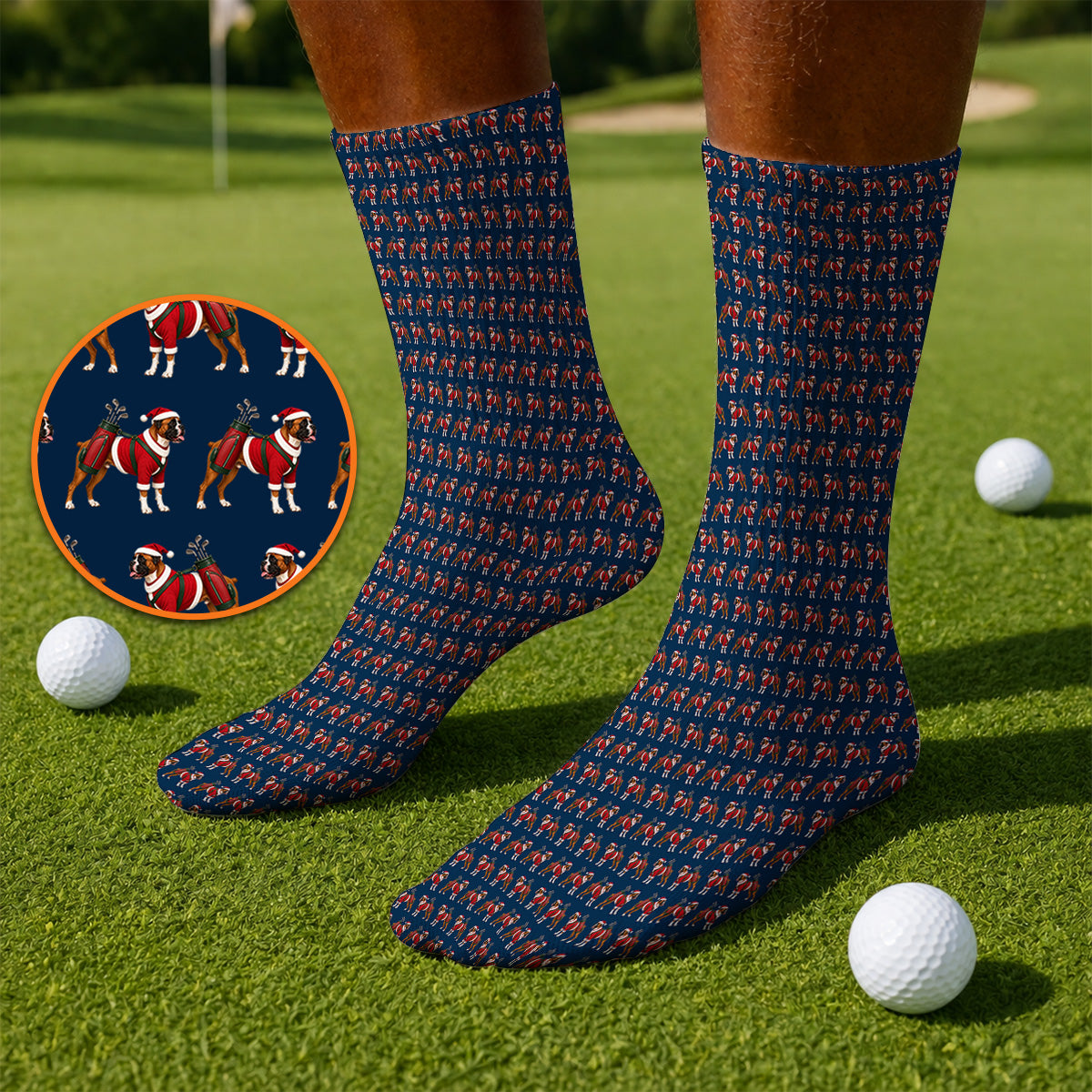 Boxer Dog Christmas Pattern Golf Socks, Santa Boxer Golf Sock, Boxer Lover Holiday Golf Gift For Golfer