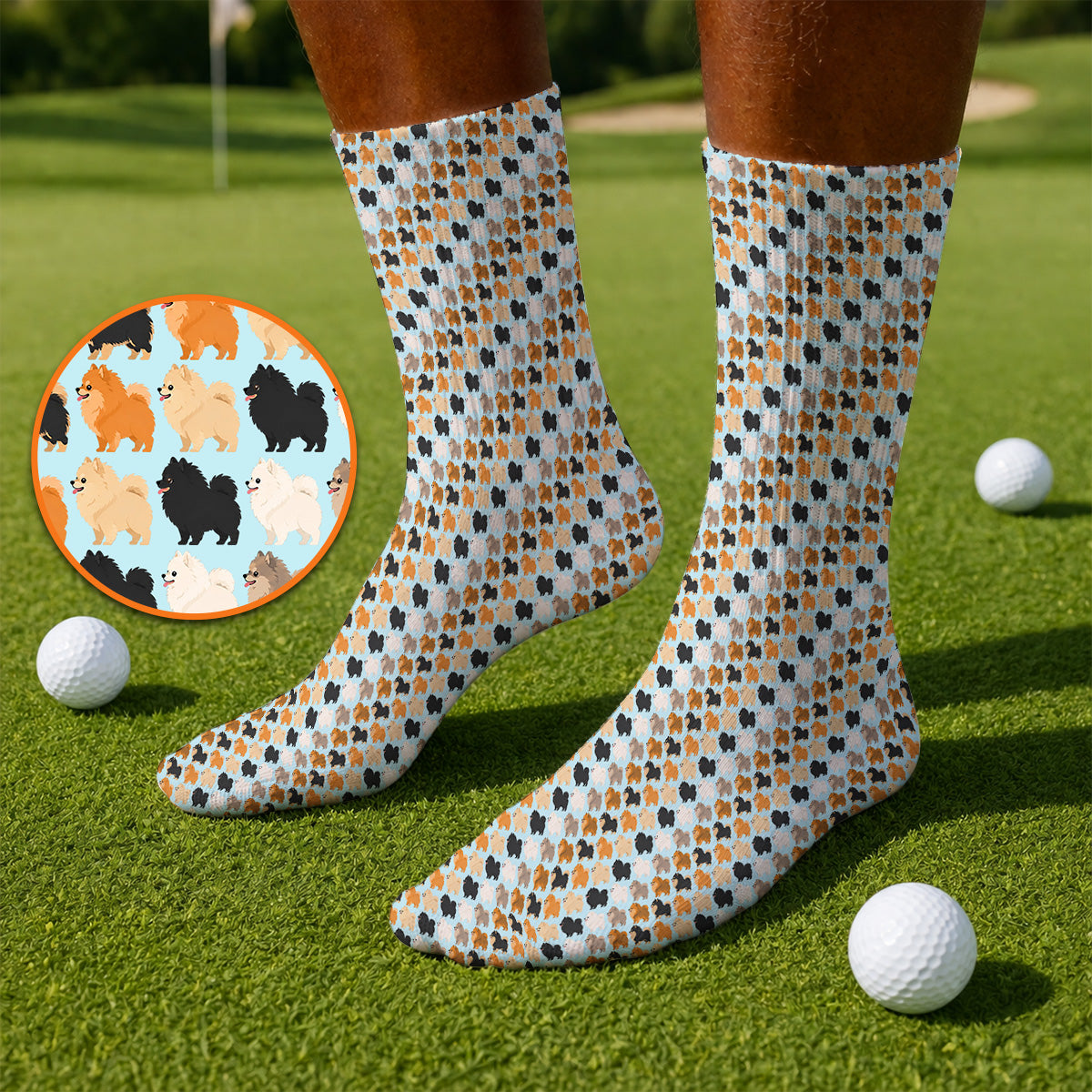 Cute Pomeranian Pattern Golf Socks, Pomeranian Dog Golf Sock, Funny Golf Gift For Golfer