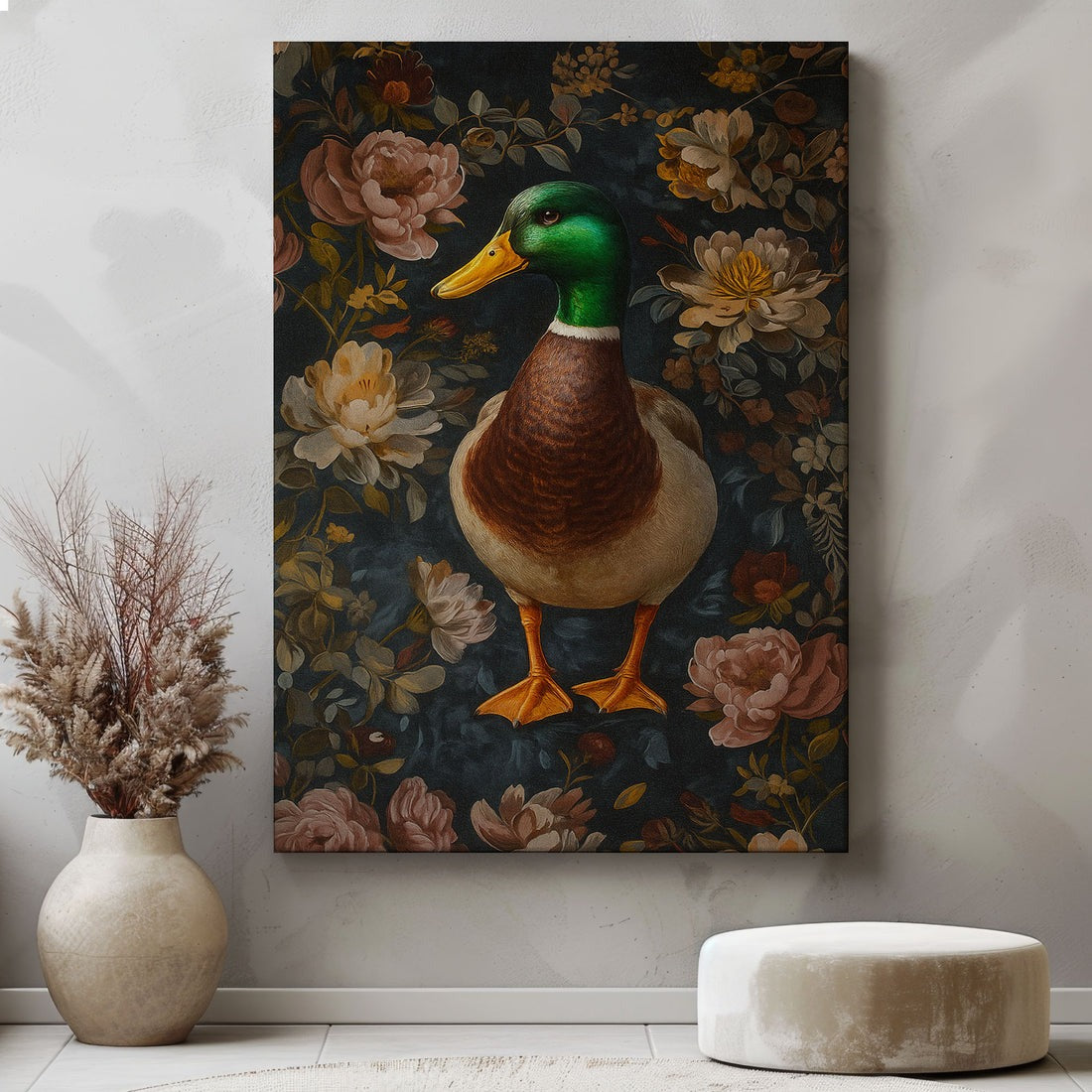 Mallard Duck Canvas Wall Art, Woodland Floral Hunting Home Decor, Gift For Man Cave