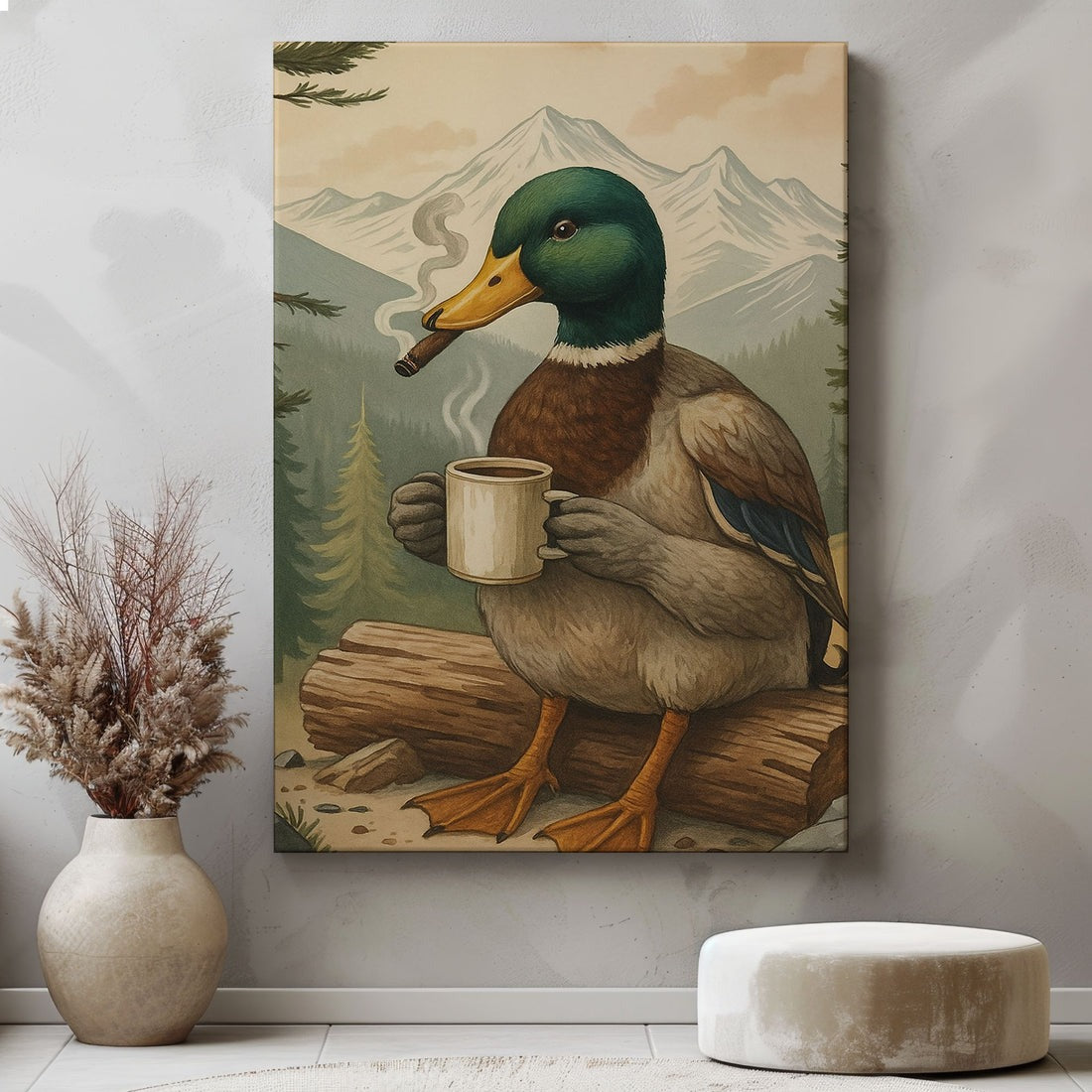 Funny Duck Coffee And Cigar Canvas, Rustic Cabin Wall Art Gift For Man Cave, Gift For Hunter