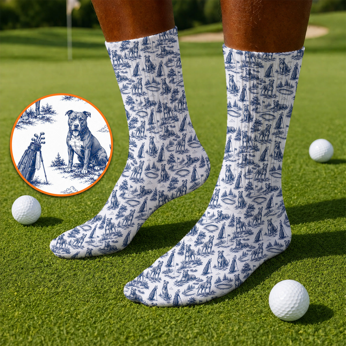 Crazy Pit Bull Golf Socks For Golfer, Toile de Jouy Pit Bull Pattern Golf Sock, Dog Lover Golf Gift