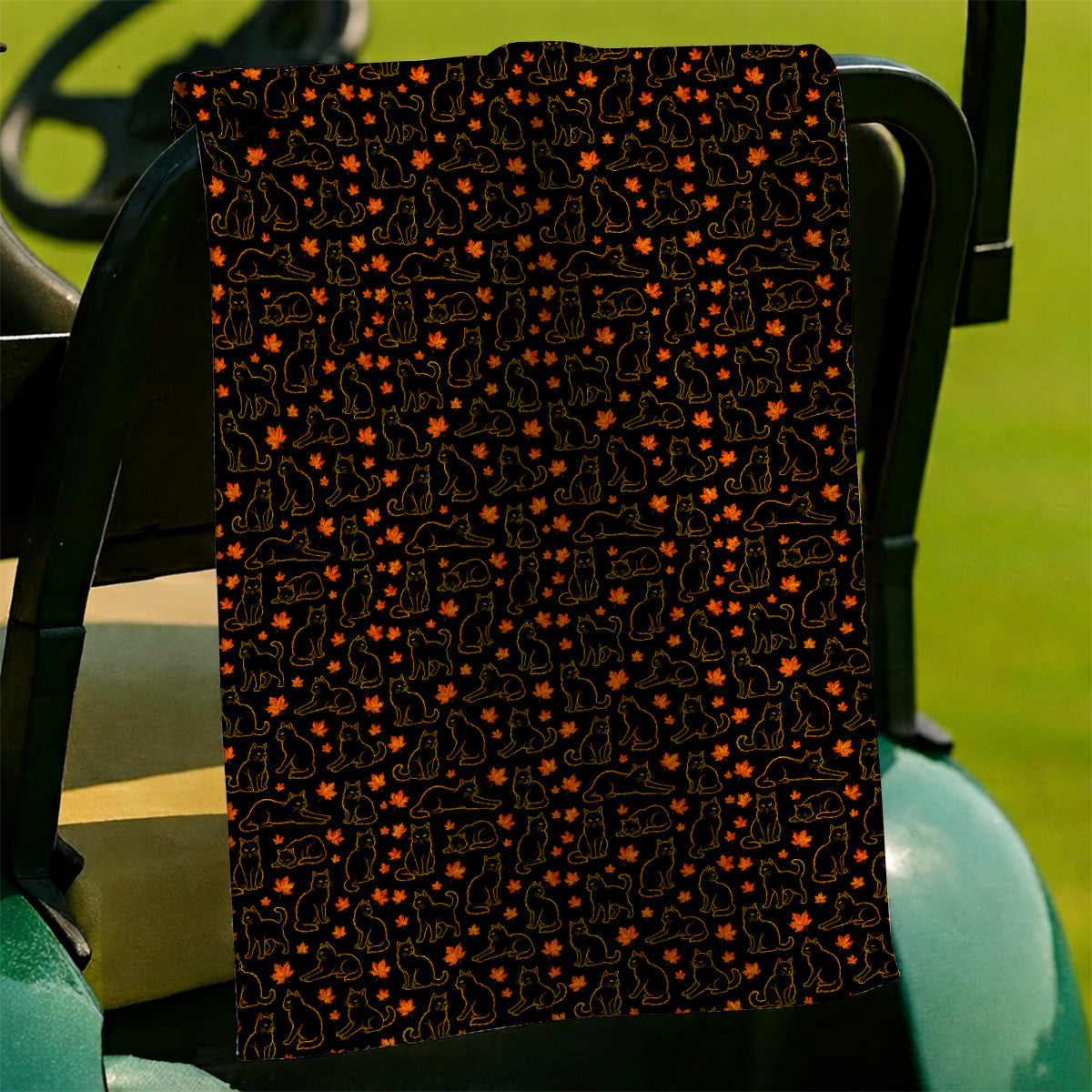Autumn Black Longhair Cat Golf Towel, Black Longhair Cat Pattern Golf Towels, Cat Lovers Golf Gift