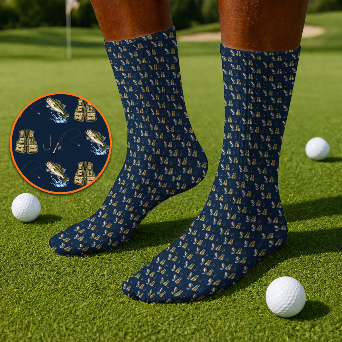 Bass Fishing Golf Socks, Largemouth Bass & Fishing Gear Pattern Golf Sock, Crazy Golf Gift For Golfers