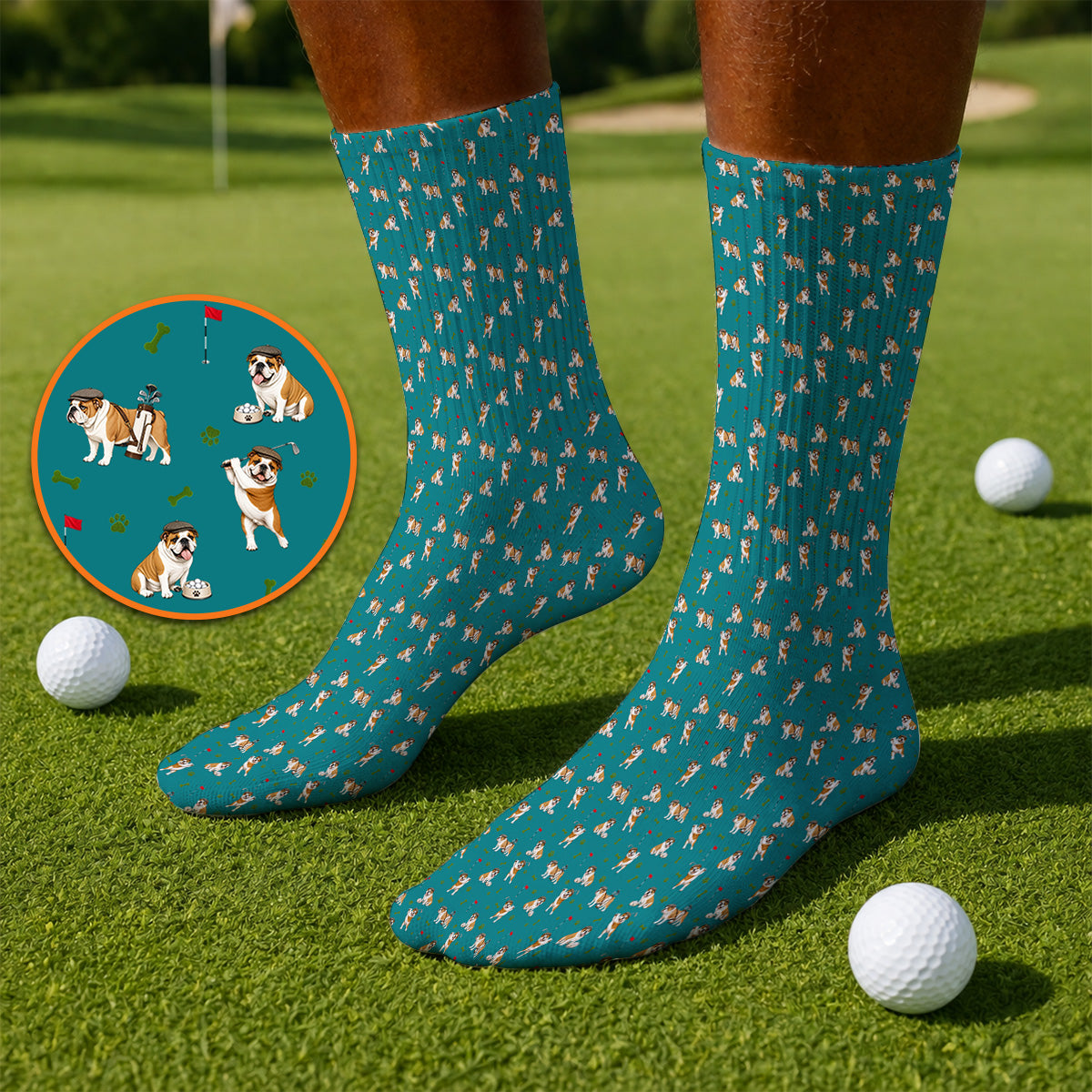Funny Bulldog Golf Pattern Socks, English Bulldog Golf Sock, Golf Gift For Golfer