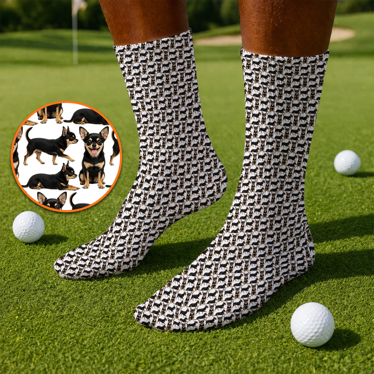 Funny Black Chihuahua Golf Sock, Cute Chihuahua Golf Pattern Socks, Dog Lovers Golf Gift For Golfer