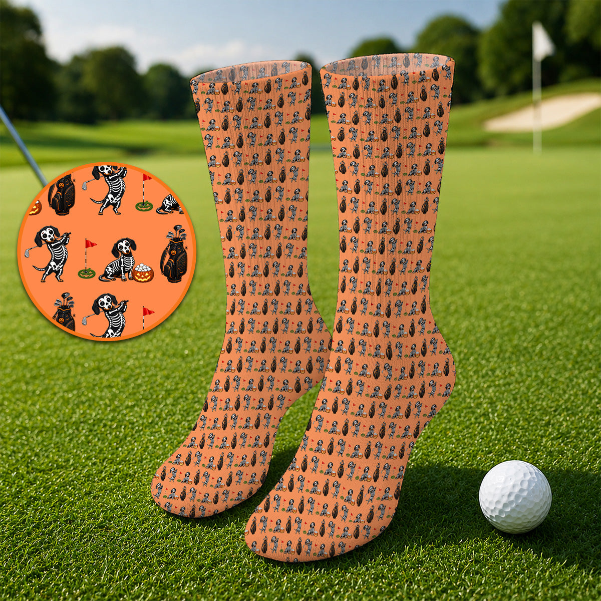 Halloween Dachshund Golf Socks, Skeleton Wiener Dog Pattern Golf Sock, Funny Golf Gift for Golfer