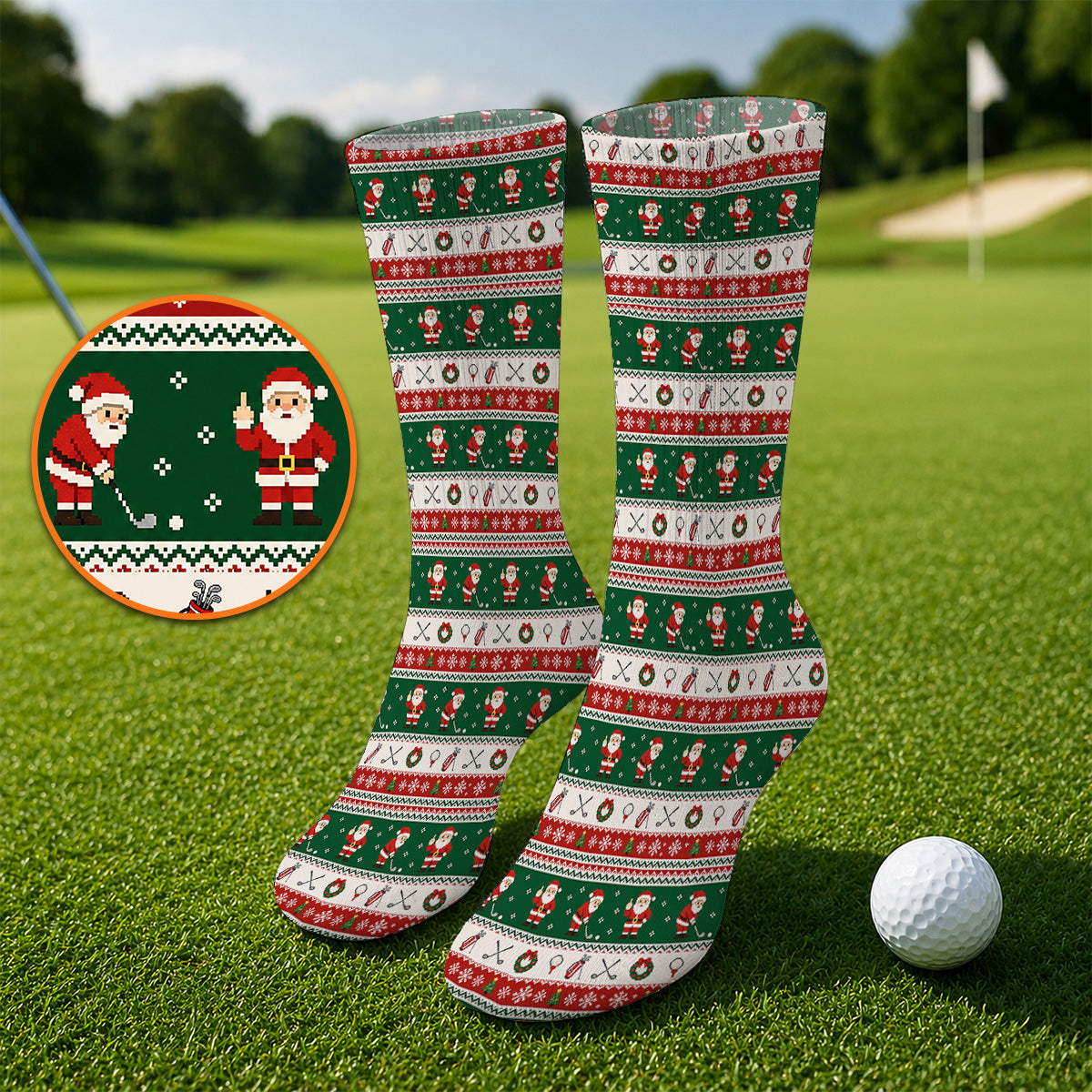 Funny Christmas Santa Golf Socks, Ugly Christmas Golf Pattern Sock, Xmas Gift For Golfer