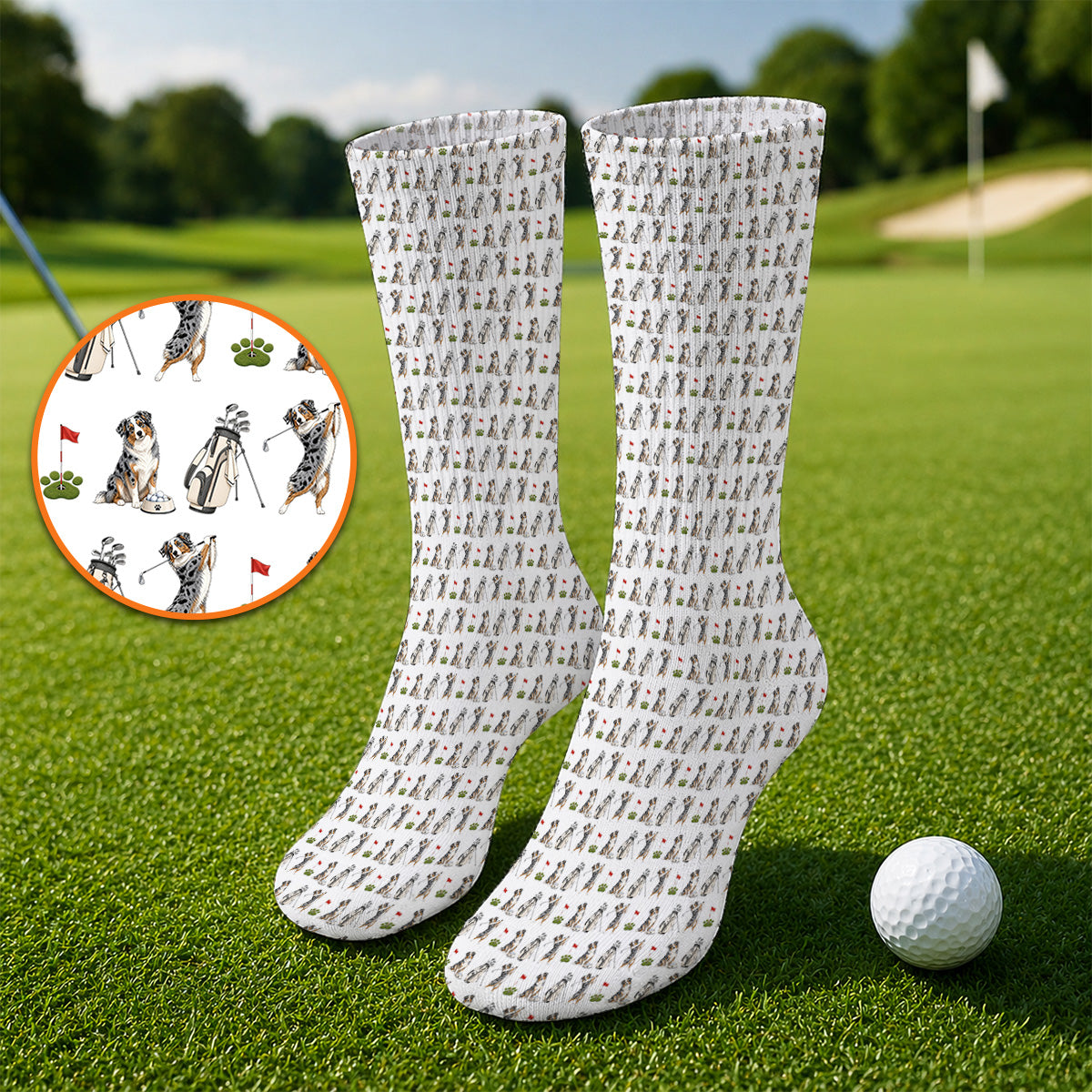 Australian Shepherd Pattern Golf Socks, Aussie Dog Golf Sock, Crazy Golf Gift For Golfer