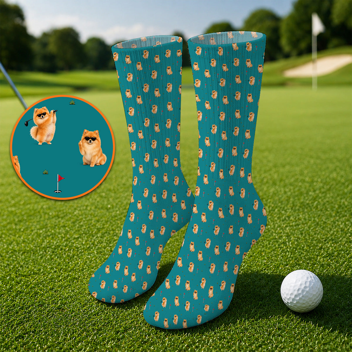 Golden Pomeranian Pattern Golf Socks, Cute Pomeranian Dog Golf Sock, Golf Gift For Golfer