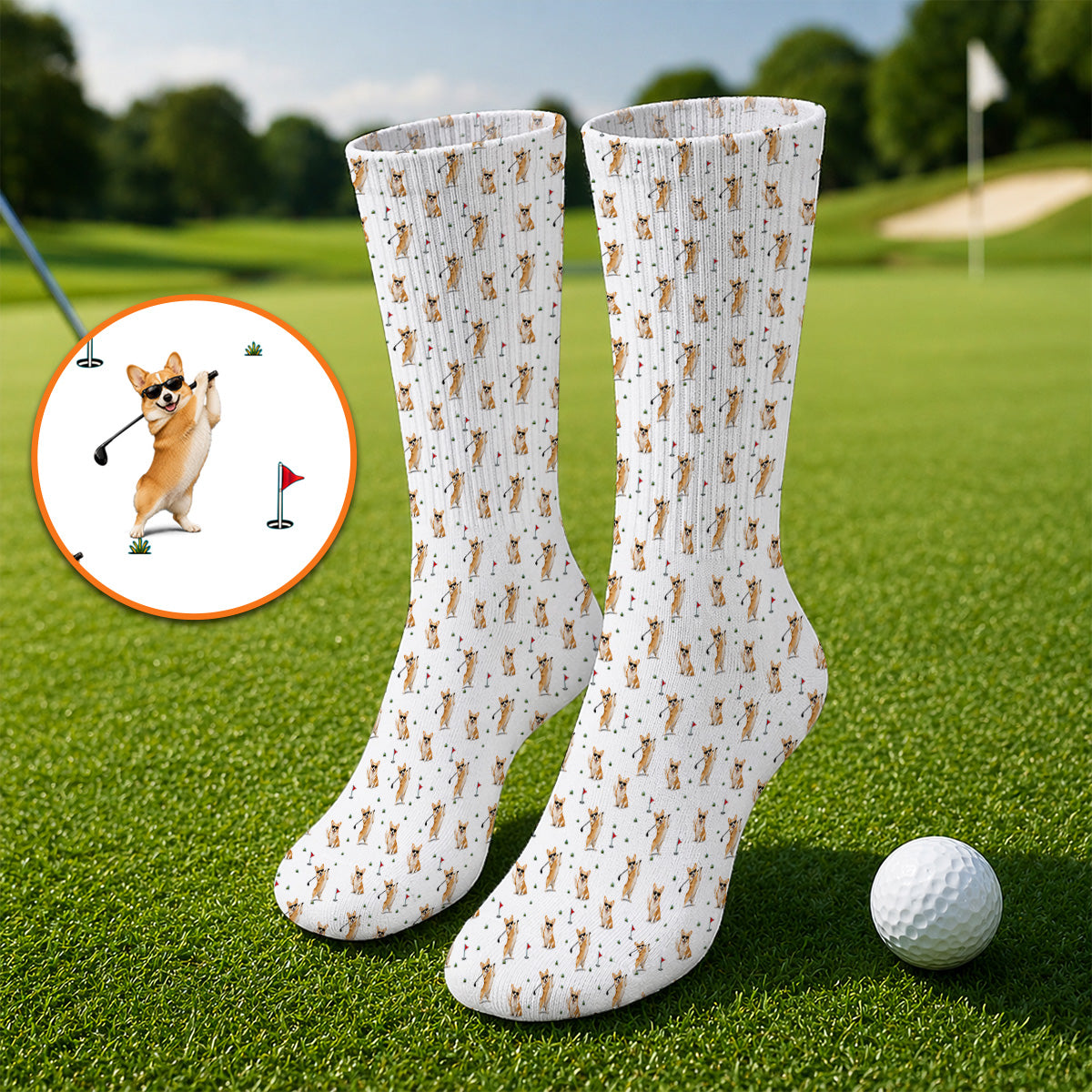 Funny Corgi Pattern Golf Socks, Pembroke Welsh Corgi Golf Sock, Golf Gift For Golfer