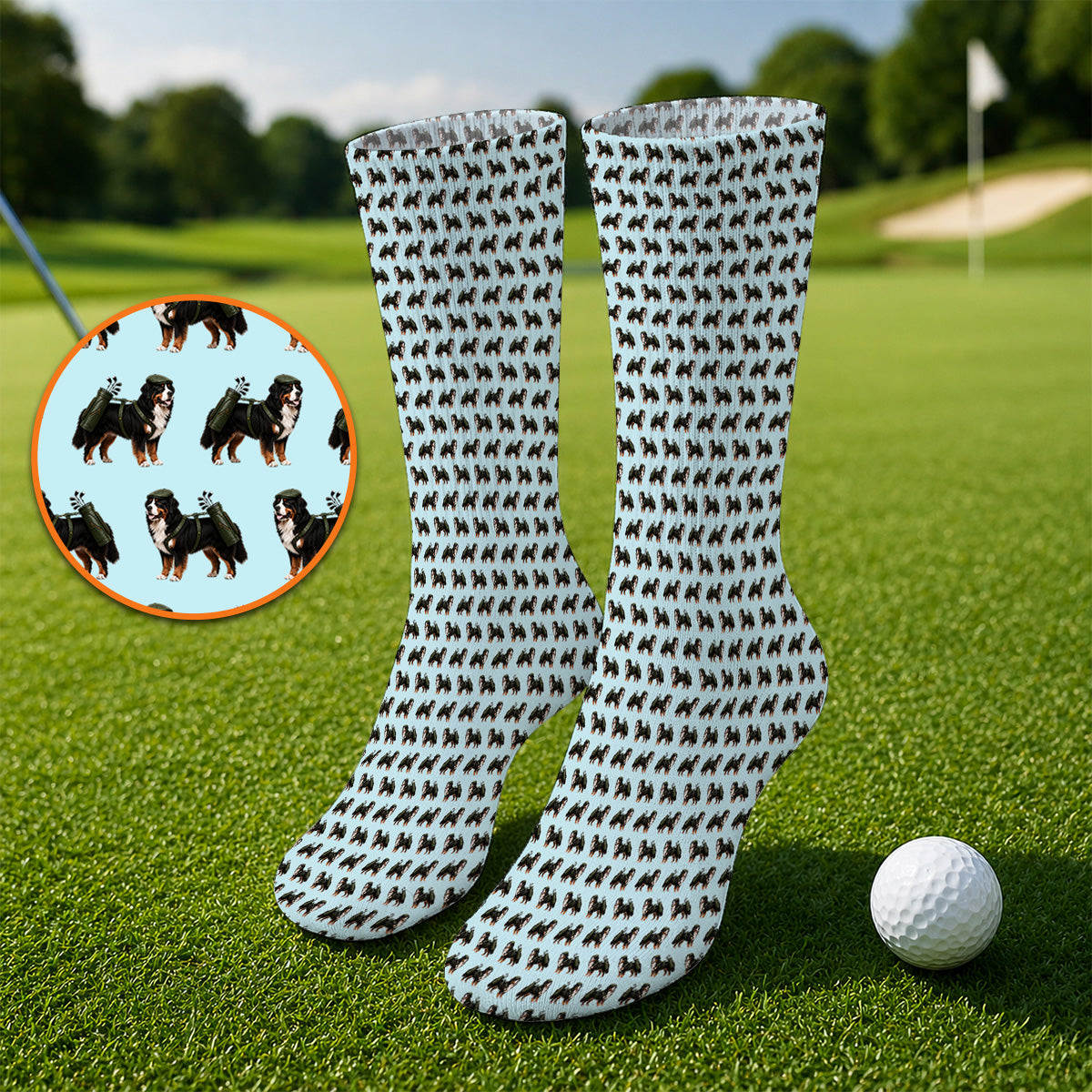 Funny Bernese Mountain Golf Pattern Socks, Bernese Golf Sock For Dog Lover, Golf Gift For Golfer