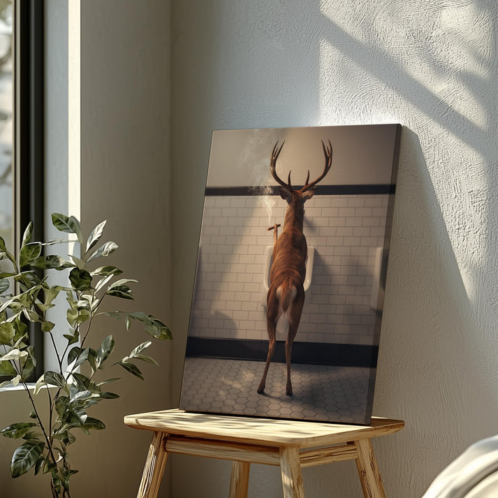 Smoking Deer Bathroom Canvas – Rustic Cabin Wall Art for Men