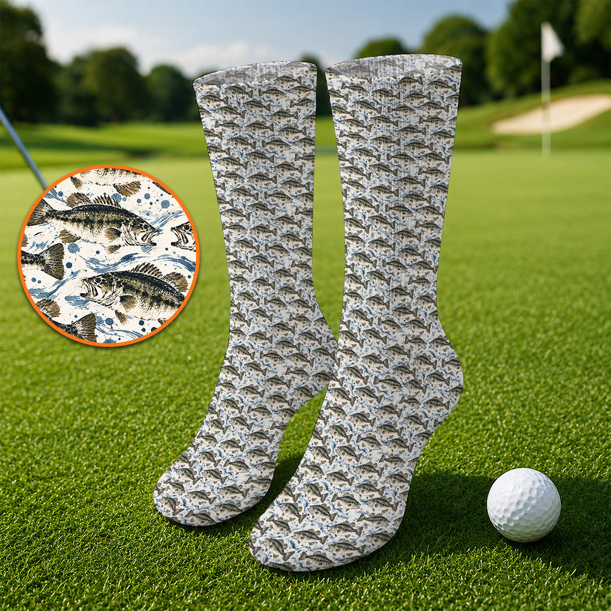 Gyotaku Bass Fishing Golf Socks, Vintage Japanese Fish Pattern Golf Sock, Golf Gift For Fishing Lovers