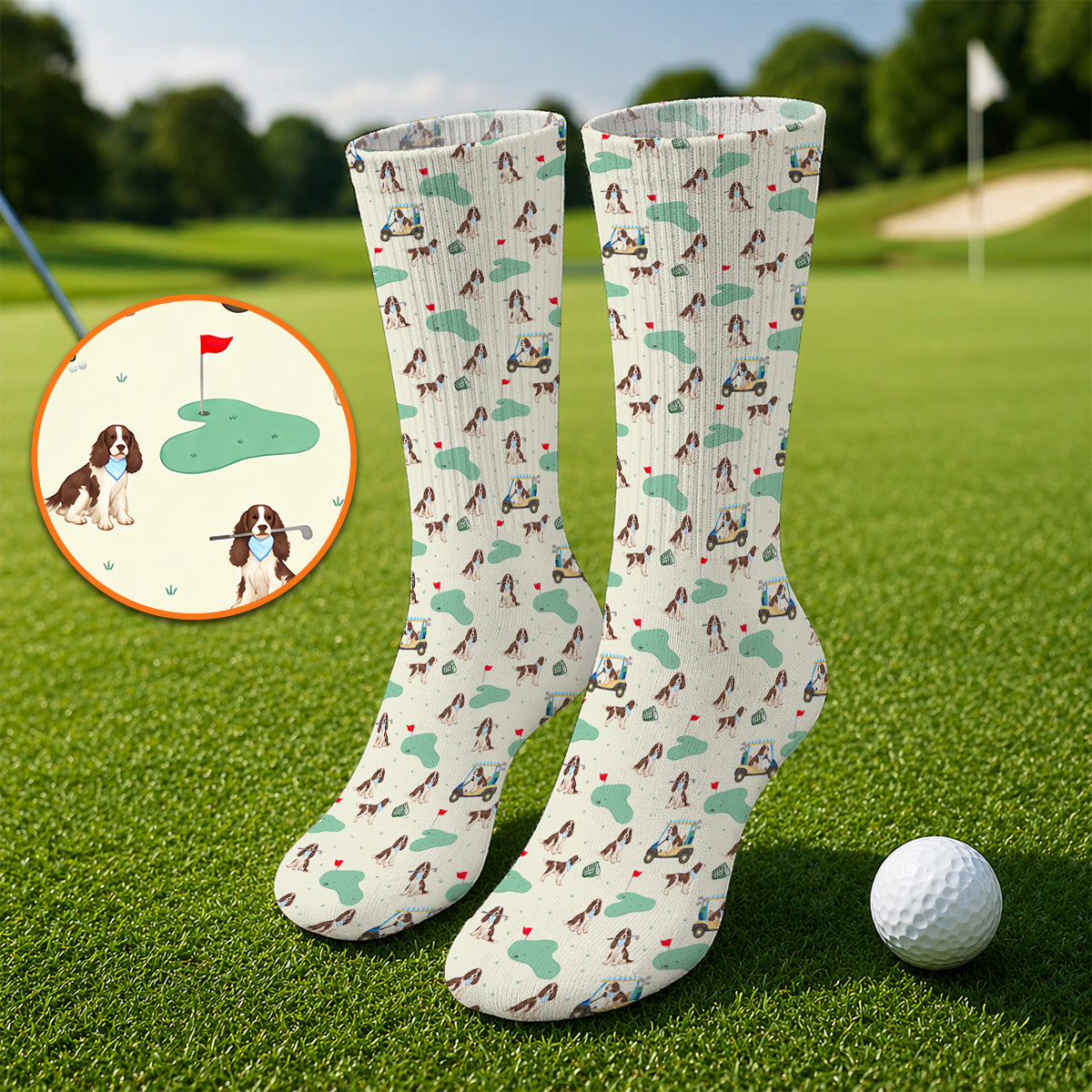 English Springer Spaniel Golf Socks, Pattern Golf Sock For Dog Lovers, Crazy Golf Gift For Golfer