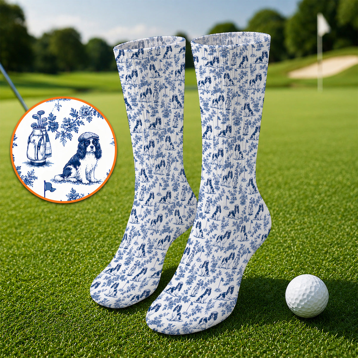 Funny Cavalier King Charles Spaniel Golf Sock, Toile de Jouy Cavalier Pattern Golf Socks, Golf Gift For Golfer