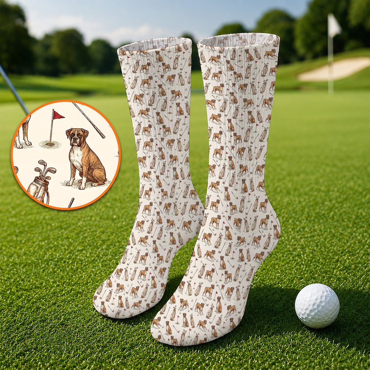 Boxer Autumn Golf Sock, Boxer Pattern Golf Socks for Dog Lovers, Crazy Golf Gift for Golfers