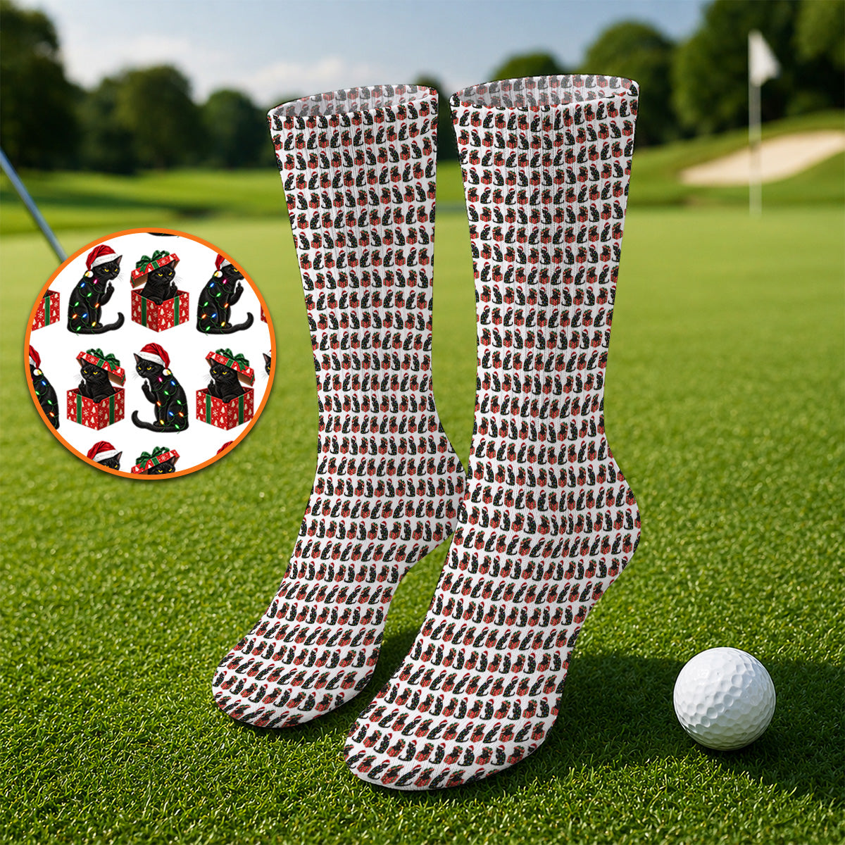 Black Cat Christmas Pattern Golf Socks, Funny Christmas Cat Golf Sock, Holiday Gift for Cat Lovers