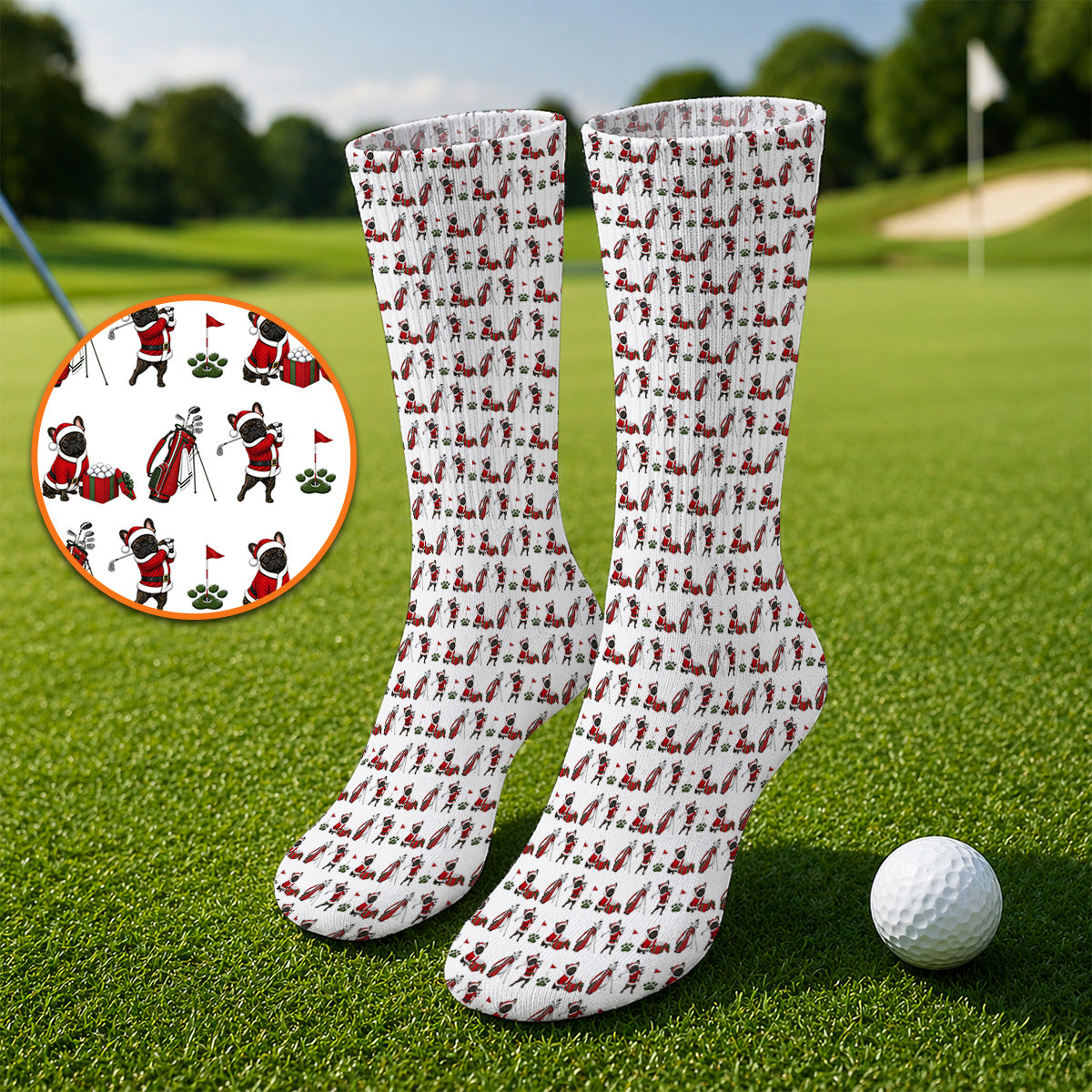 Christmas French BullDog Pattern Golf Socks, Funny Santa French BullDog Holiday Golf Sock, Xmas Golf Gift For Golfers