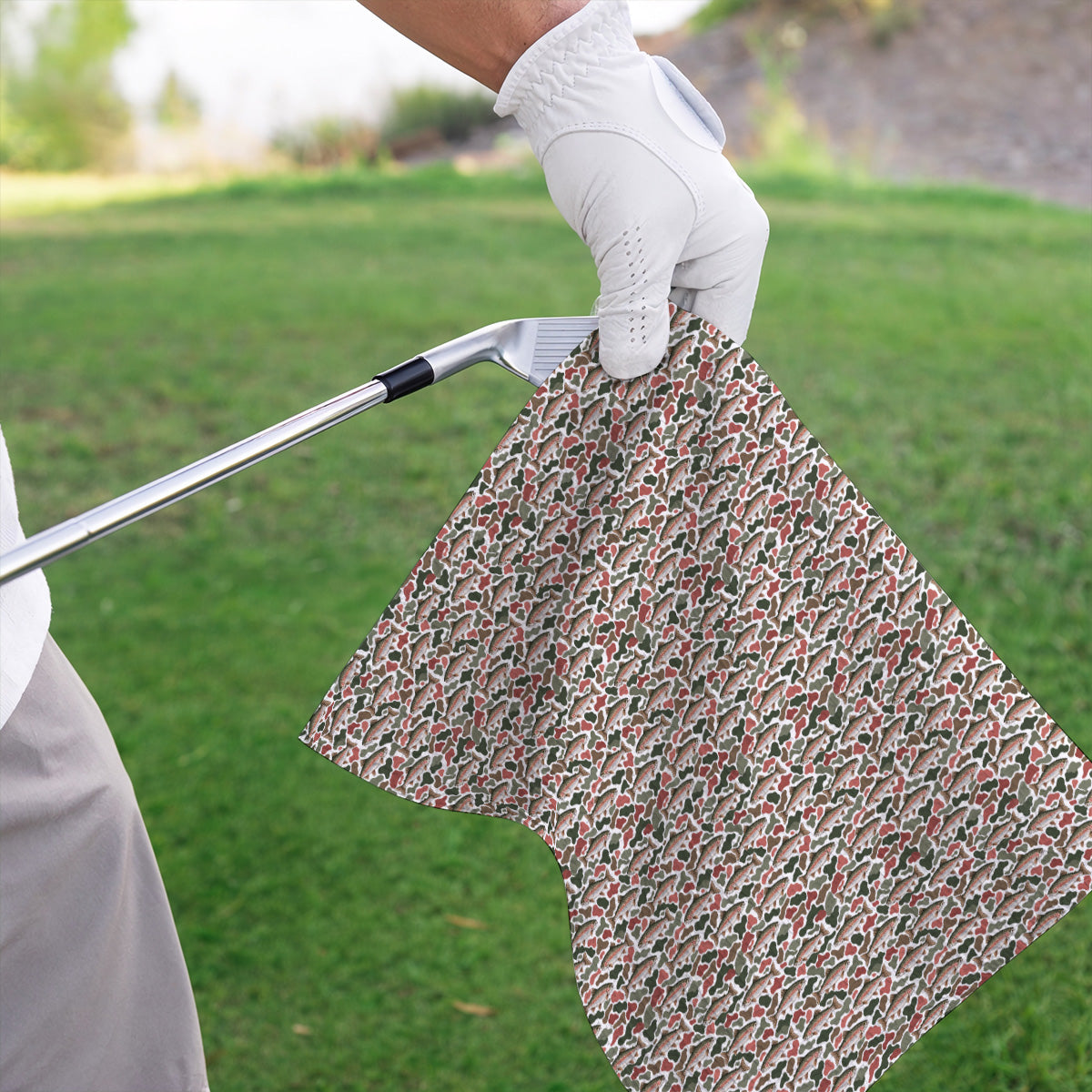 Rainbow Trout Camo Golf Towels, Trout Fishing Camouflage Pattern Golf Towel, Crazy Golf Gift For Golfer