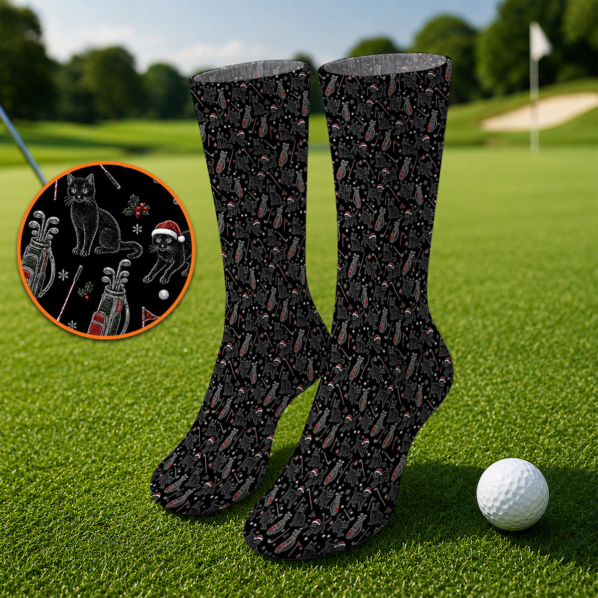 Funny Black Cat Christmas Golf Socks, Holiday Pattern Golf Sock, Xmas Golf Gift For Golfers
