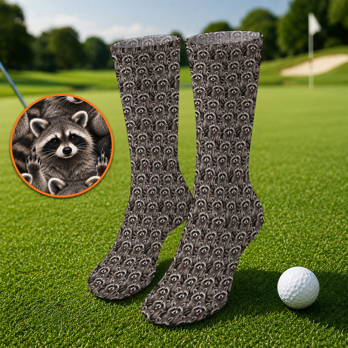 Raccoon Golf Pattern Socks, Crazy Raccoon Golf Sock, Golf Gift for Golfer