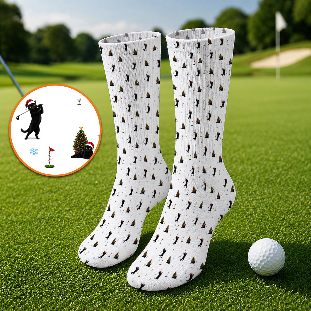 Black Cat Christmas Golf Socks, Funny Cat Pattern Golf Sock, Xmas Golf Gift for Golfers