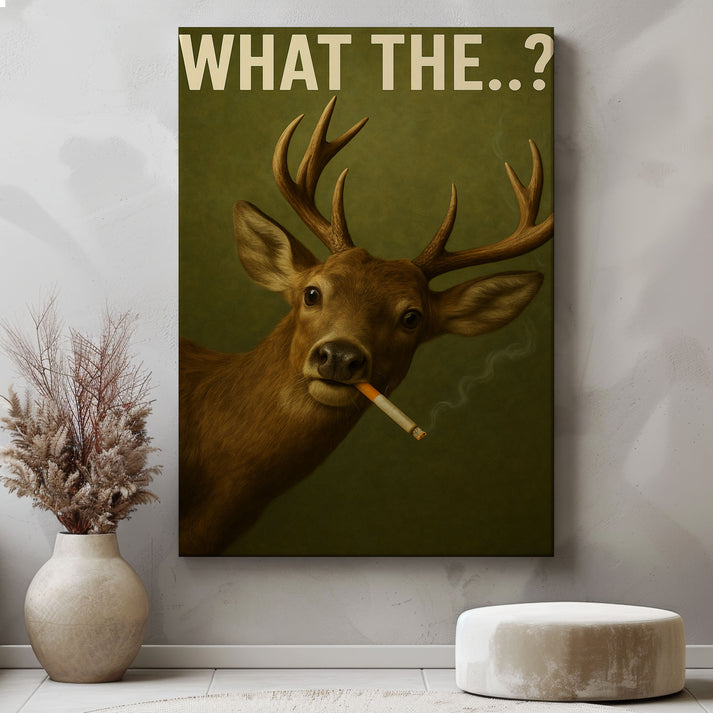 Smoking Deer Canvas – “What The…?” Funny Man Cave Wall Art