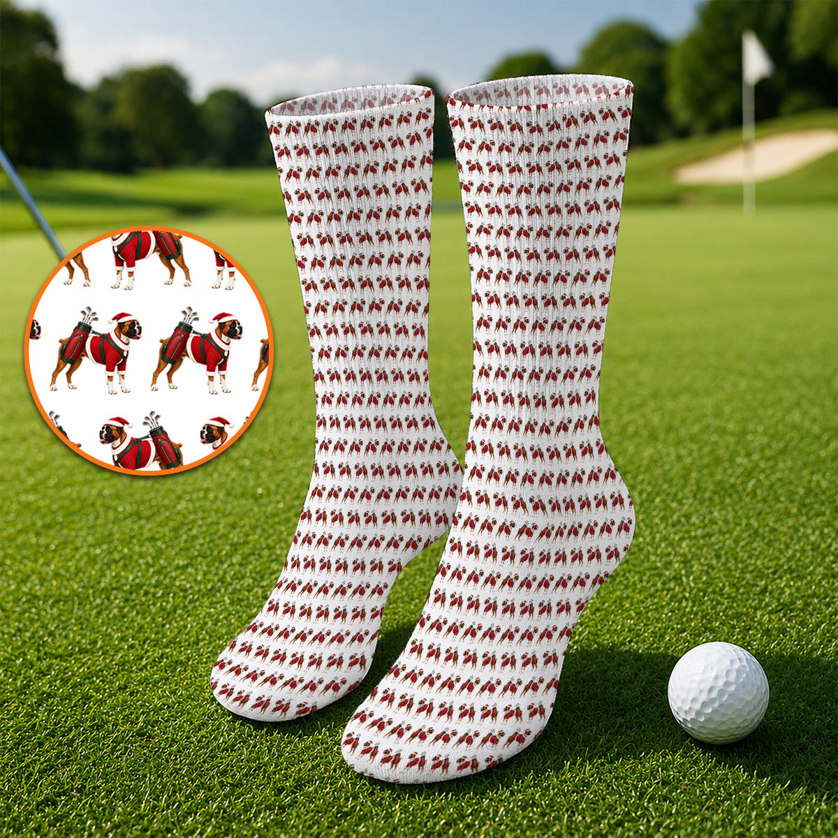 Boxer Dog Christmas Pattern Golf Socks, Santa Boxer Golf Sock, Boxer Lover Holiday Golf Gift For Golfer
