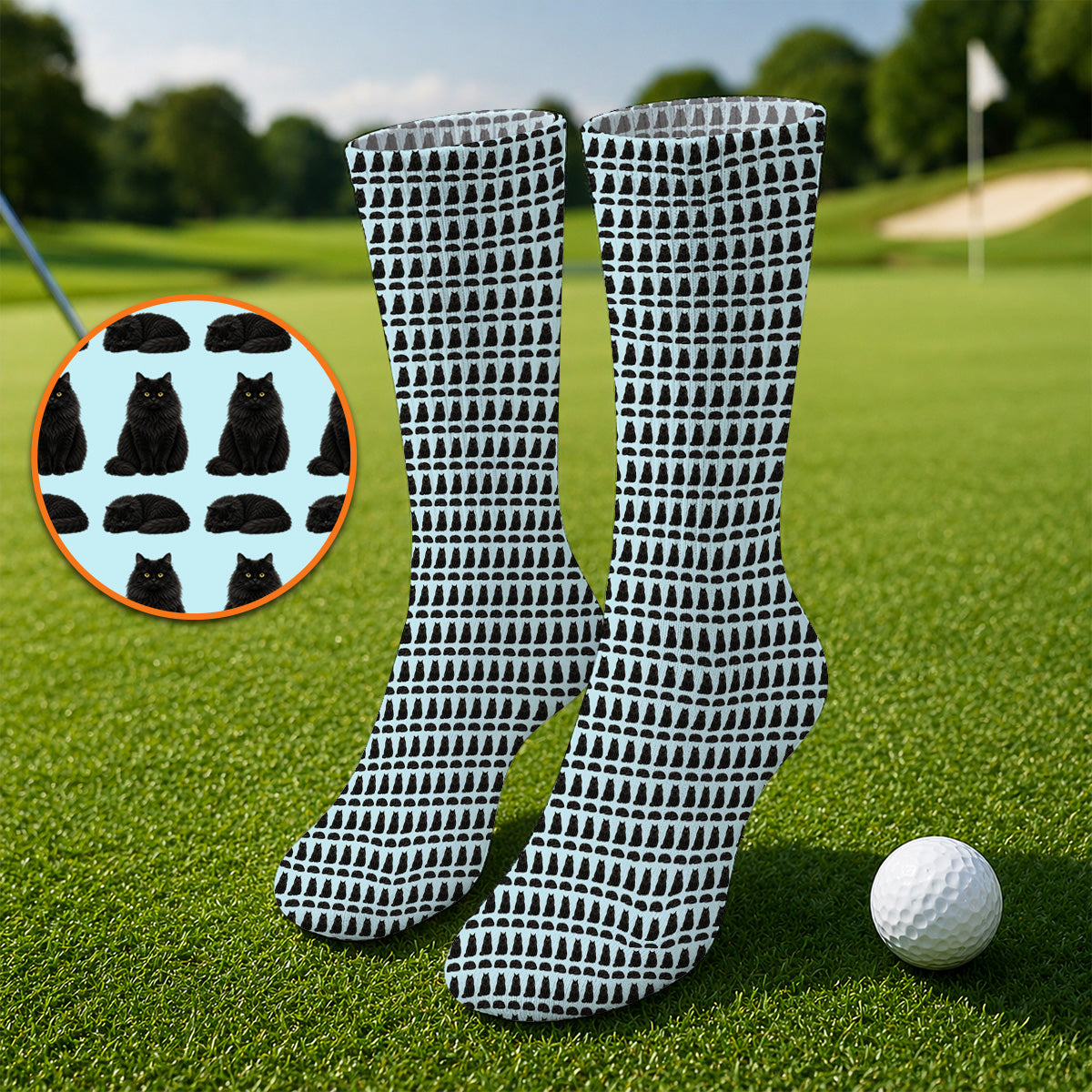 Black Persian Cat Golf Socks, Cute Black Persian Pattern Golf Sock, Golf Gift for Cat Lovers