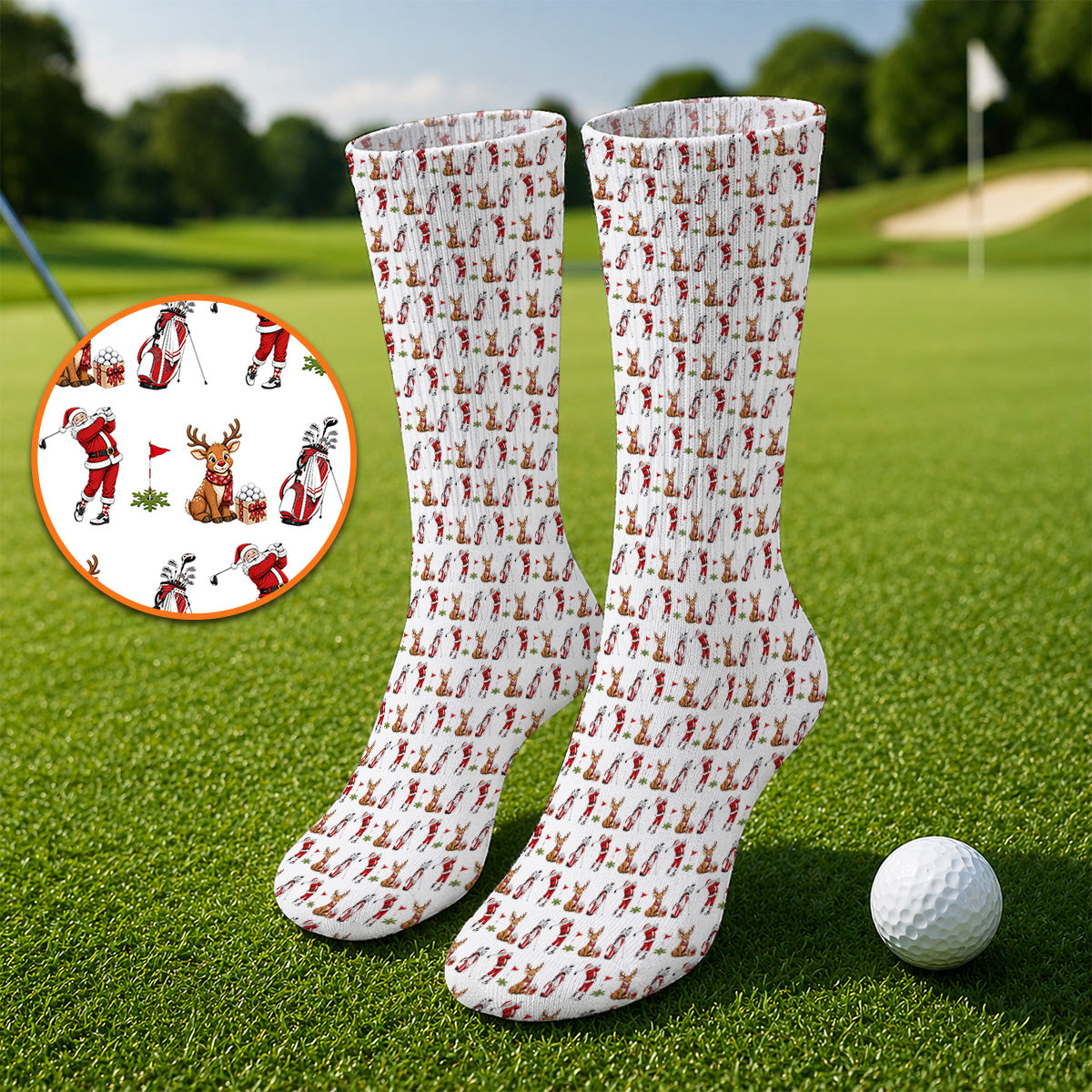 Christmas Golf Pattern Socks, Santa Reindeer Golf Sock, Xmas Gift For Golfers