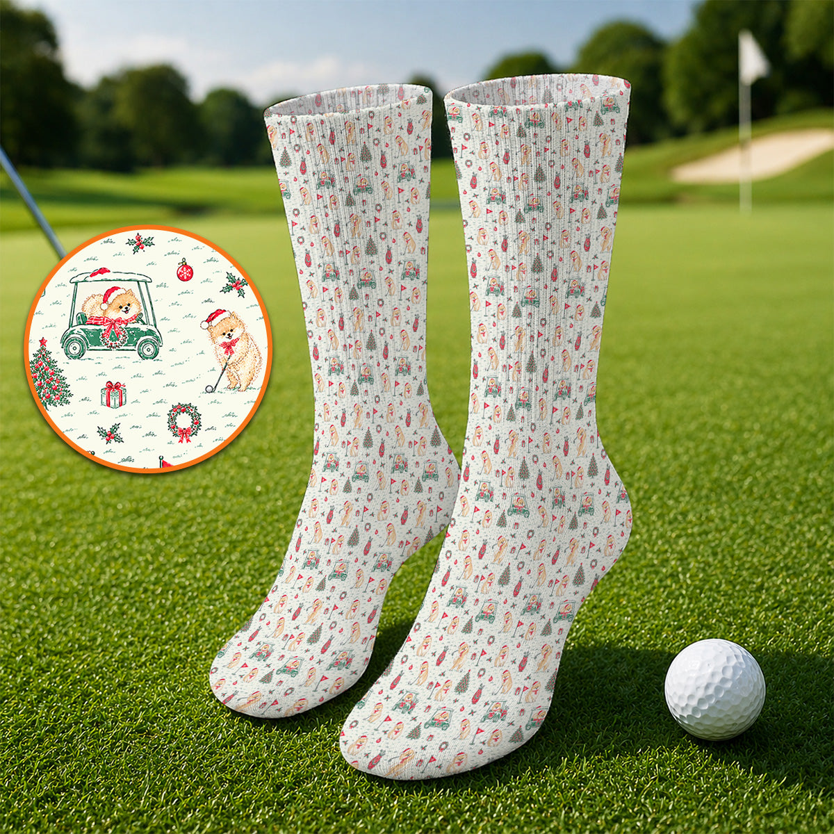 Funny Xmas Pomeranian Golf Socks, Pom Dog & Holiday Golf Cart Pattern Sock, Christmas Golf Gift For Dog Lovers